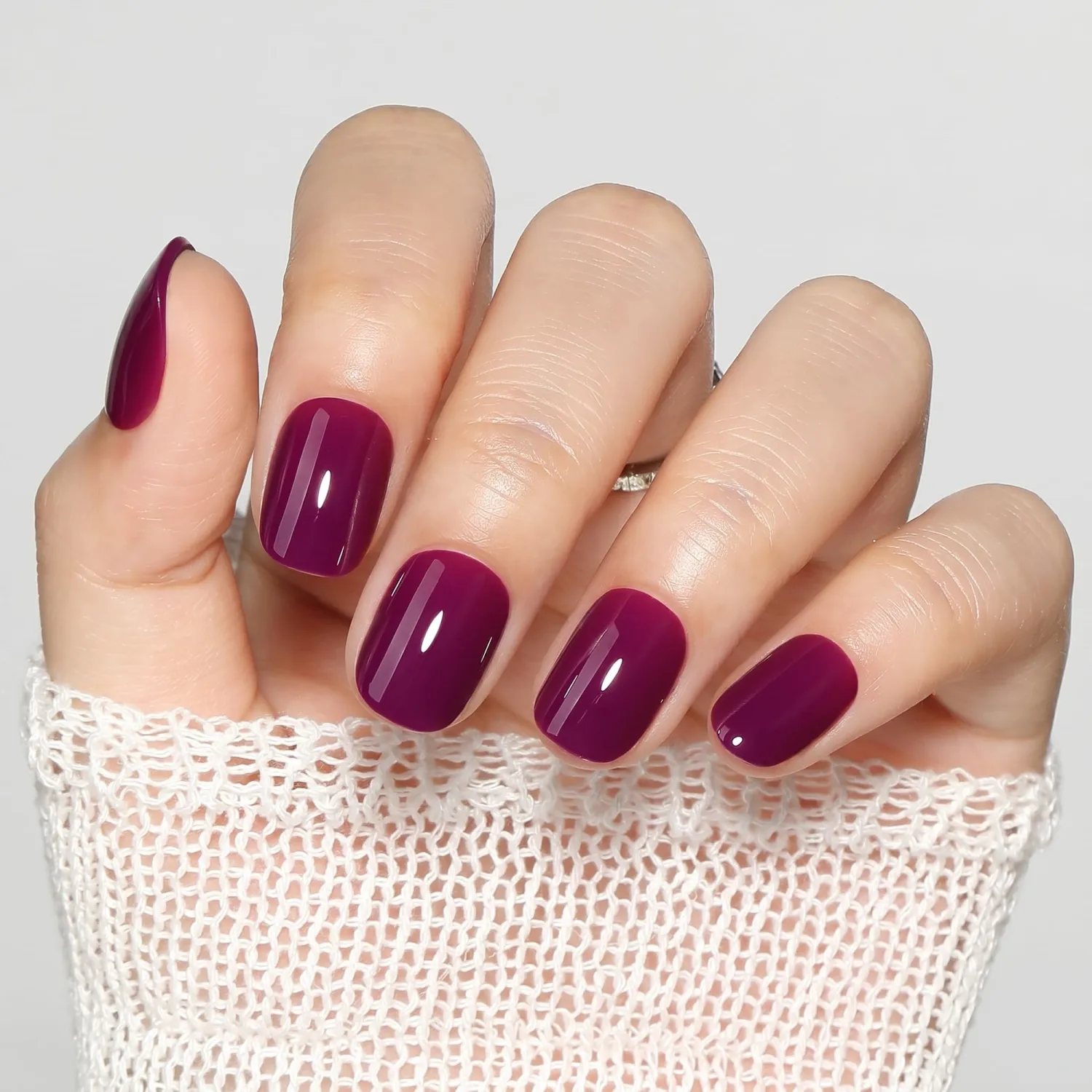 UNA GELLA Short Squoval Press On Nails Dark Purple 32Pcs 16Sizes Fake Nails