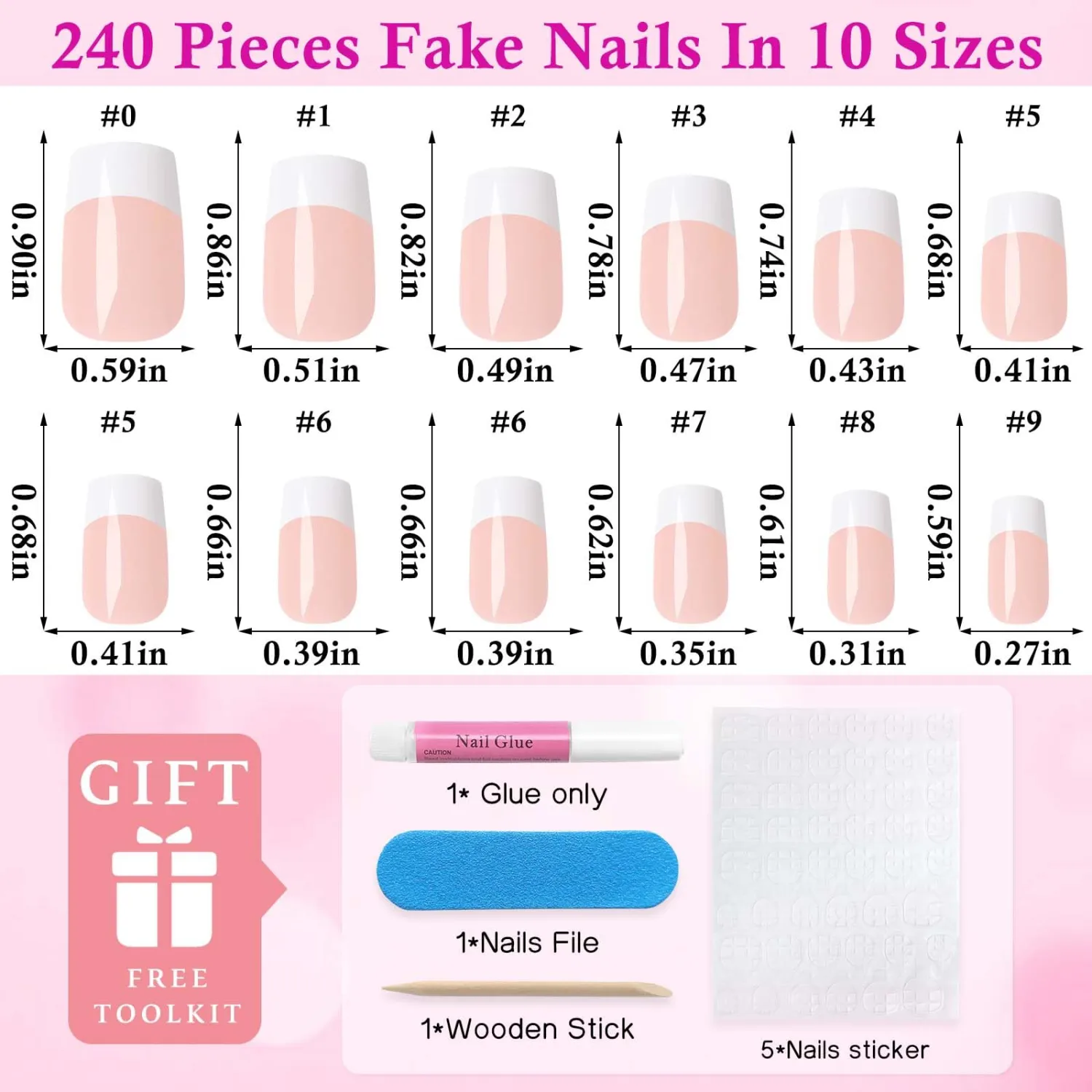 240pc Square Press on Nails Short Fake Nails, White French Tips Nails Press on Nail Square Glue on Nail Nude Acrylic-Nail Short Press-on French False Artificial Fingernail with Glue Tab