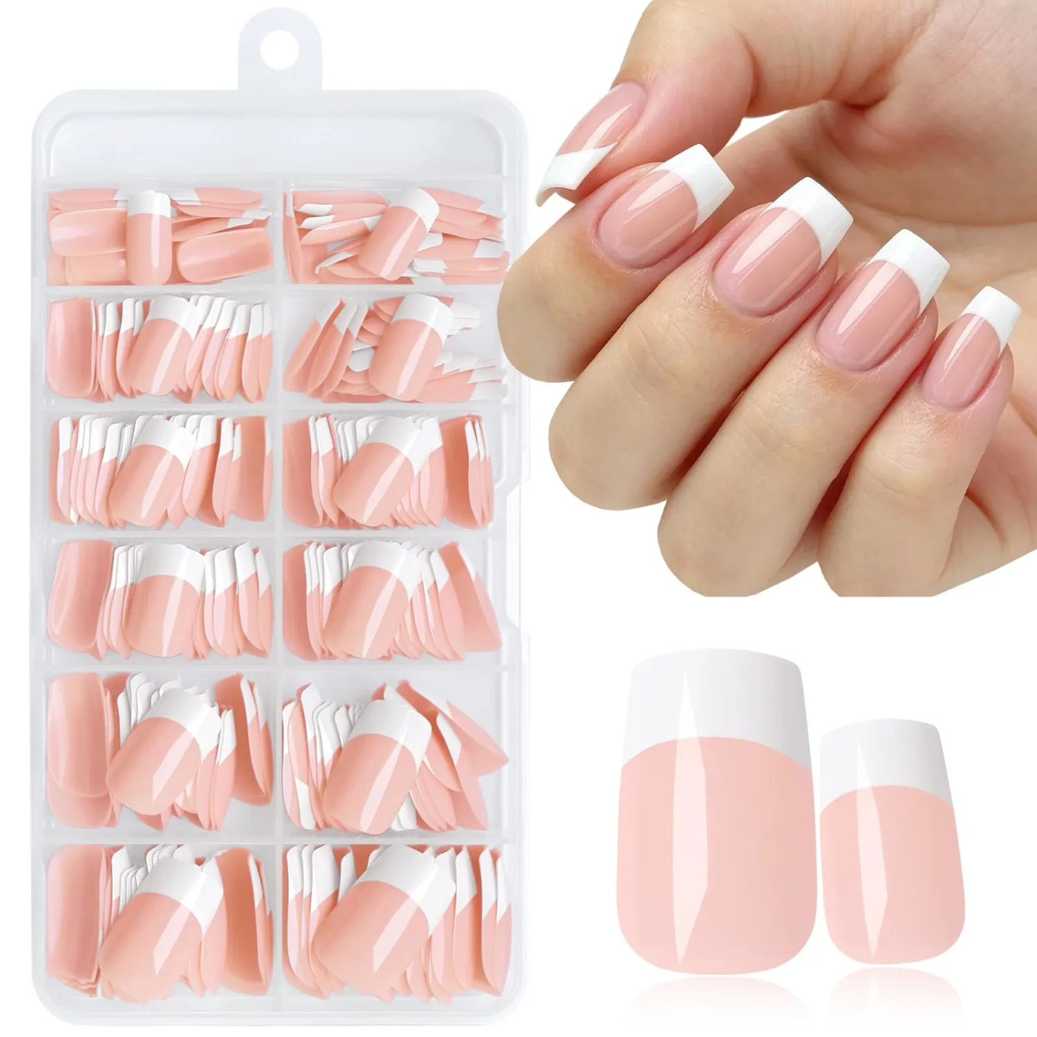 240pc Square Press on Nails Short Fake Nails, White French Tips Nails Press on Nail Square Glue on Nail Nude Acrylic-Nail Short Press-on French False Artificial Fingernail with Glue Tab