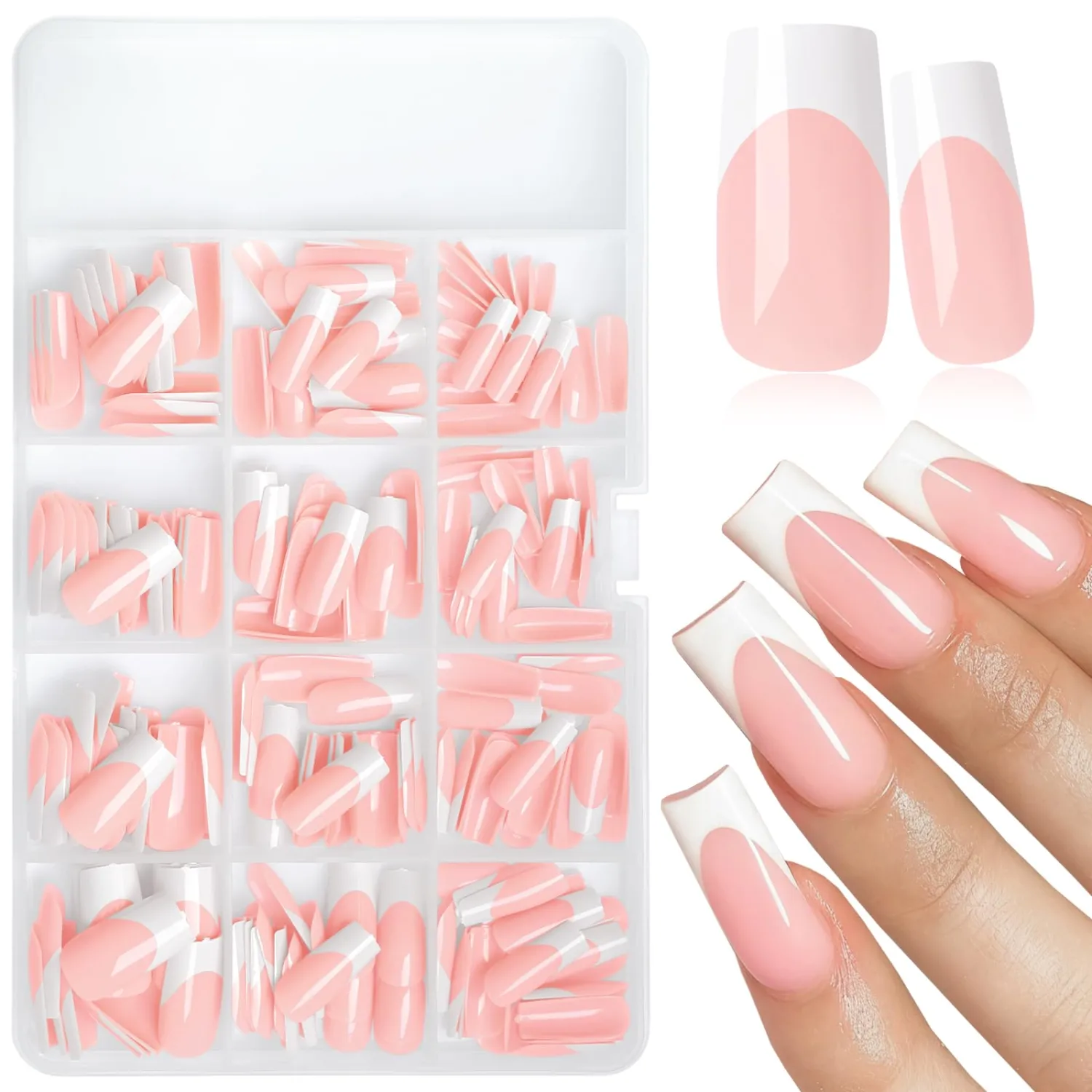 240pc Square Press on Nails Medium Fake Nails, White French Tips Nails Press on Nail Square Glue on Nail Nude Acrylic-Nail Medium Press-on Nail French False Artificial Fingernail with Glue Tab