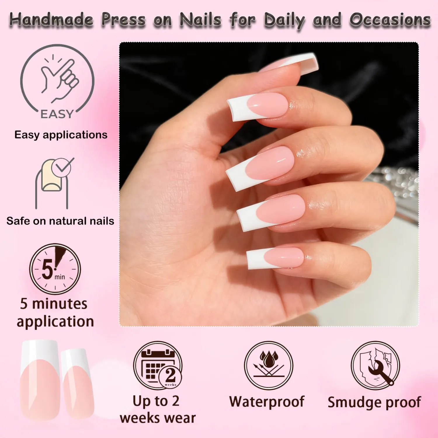 240pc Square Press on Nails Medium Fake Nails, White French Tips Nails Press on Nail Square Glue on Nail Nude Acrylic-Nail Medium Press-on Nail French False Artificial Fingernail with Glue Tab
