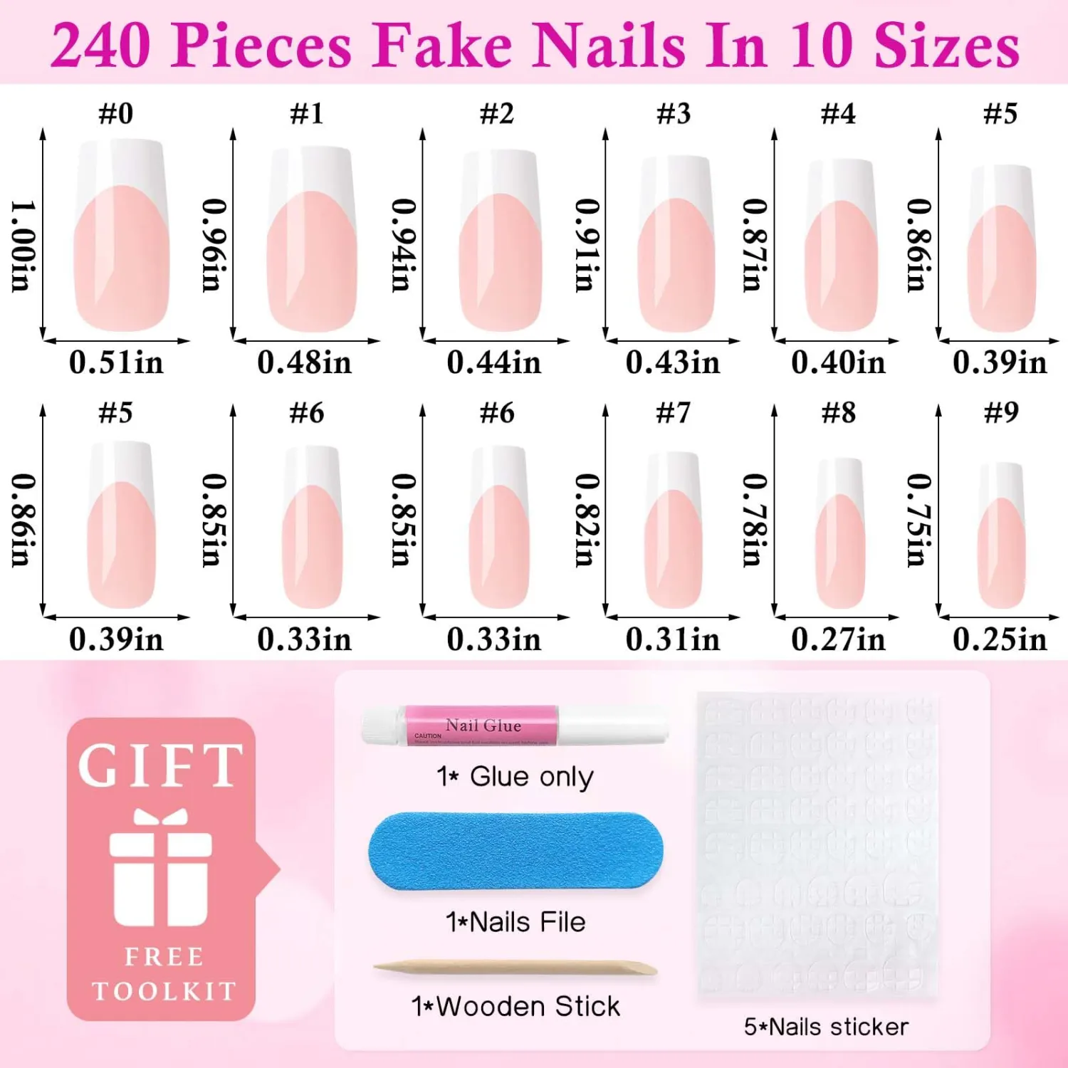 240pc Square Press on Nails Medium Fake Nails, White French Tips Nails Press on Nail Square Glue on Nail Nude Acrylic-Nail Medium Press-on Nail French False Artificial Fingernail with Glue Tab