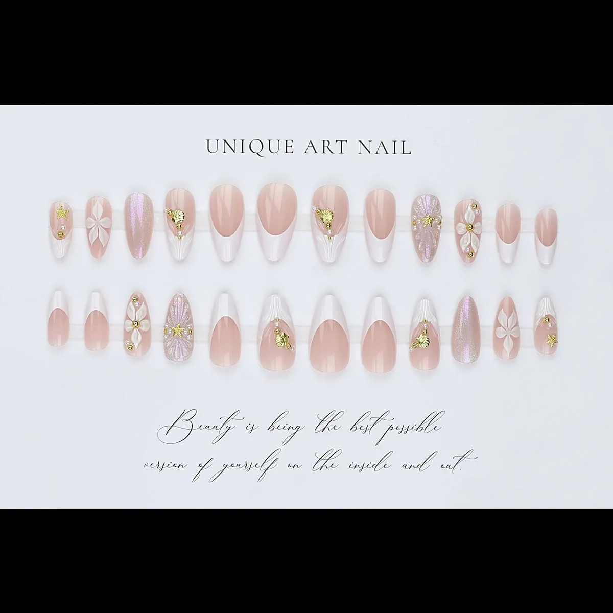 yefiuo Medium Press on Nails Almond White French Tip Acrylic Fake Nails Press ons Summer Nail Tips Kit with Seashell Starfish Design False Nails Artificial Glue on Nails Stick on Nail for Women 24Pcs