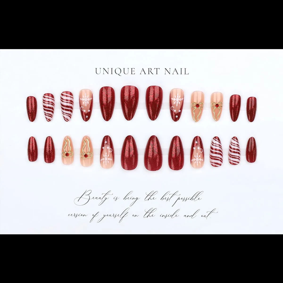 yefiuo Christmas Almond Press on Nails Medium Xmas Fake Nails Press ons Nail Tips Kit Red French Sequins Glitter 3D Gold Bow False Nails Artificial Acrylic Glue on Nails Stick on Nails for Women 24Pcs
