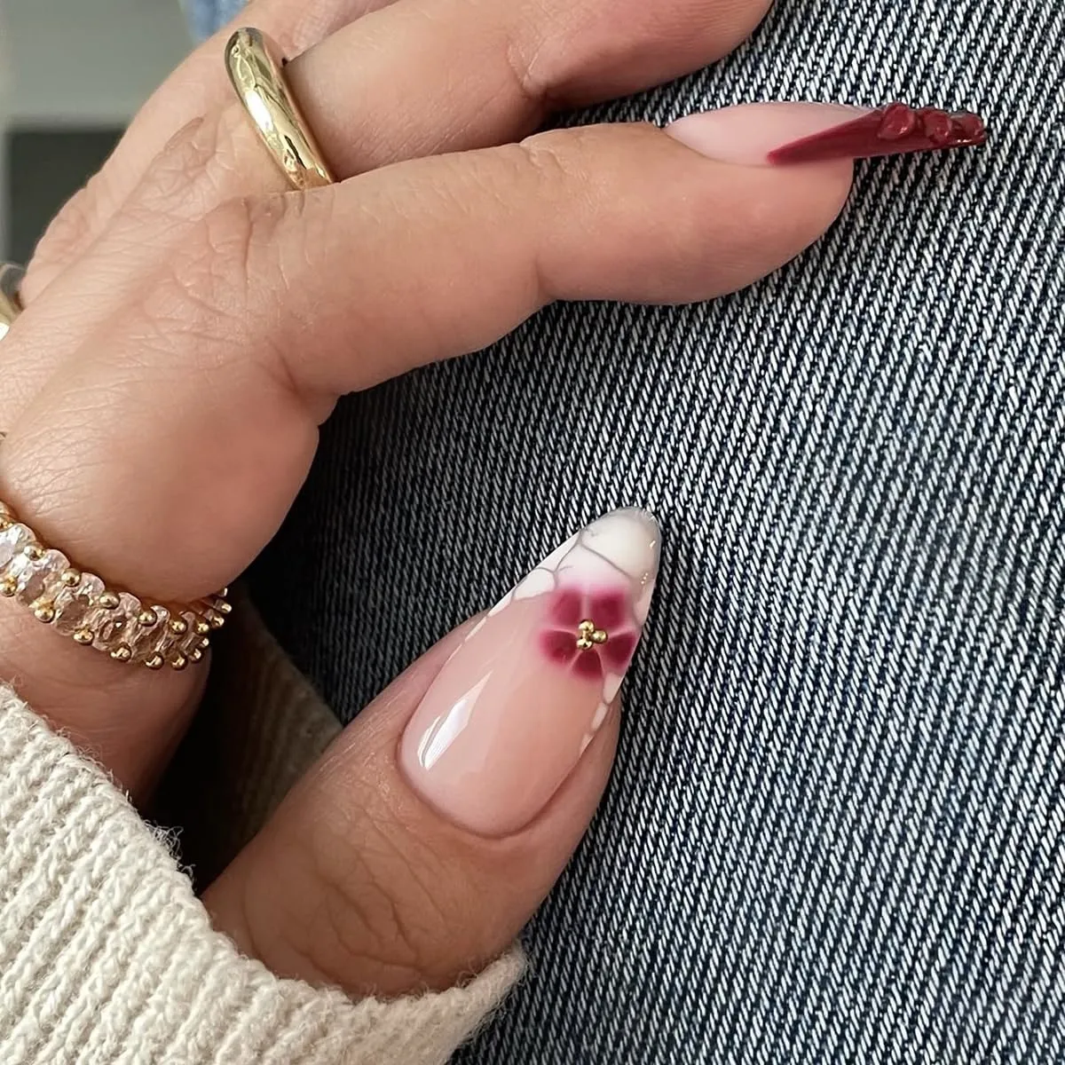 24Pcs French Tip Medium Almond Press on Nails yefiuo White & Wine Red French Acrylic Fake Nails Press ons Nail Tips Kit 3D Flower Texture False Nails Artificial Glue on Nails Stick on Nail for Women