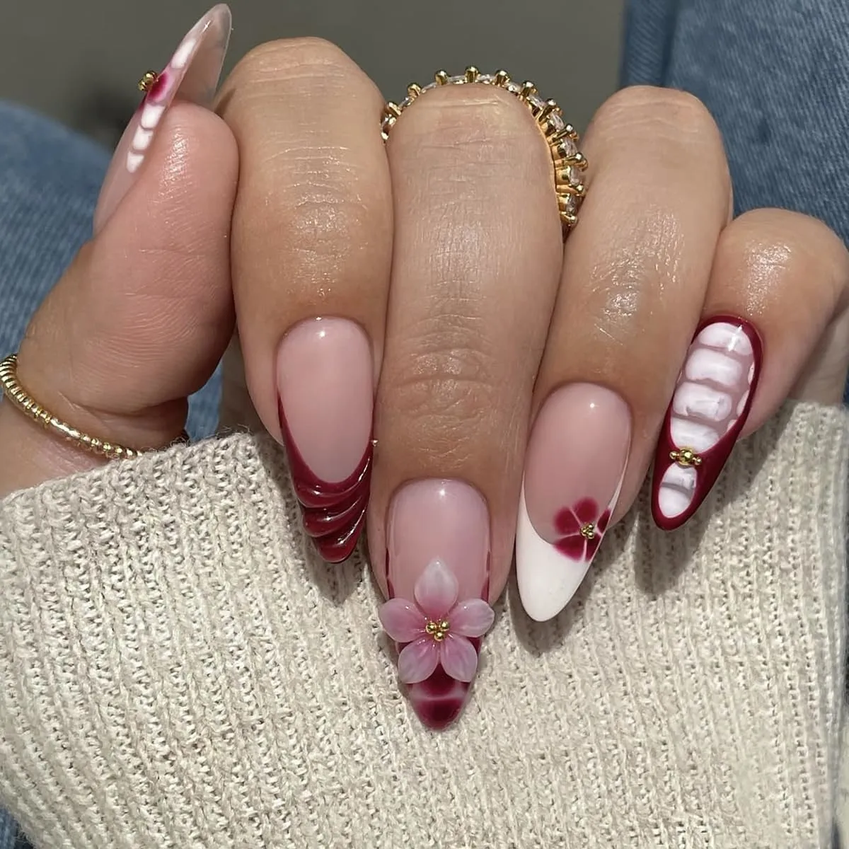 24Pcs French Tip Medium Almond Press on Nails yefiuo White & Wine Red French Acrylic Fake Nails Press ons Nail Tips Kit 3D Flower Texture False Nails Artificial Glue on Nails Stick on Nail for Women