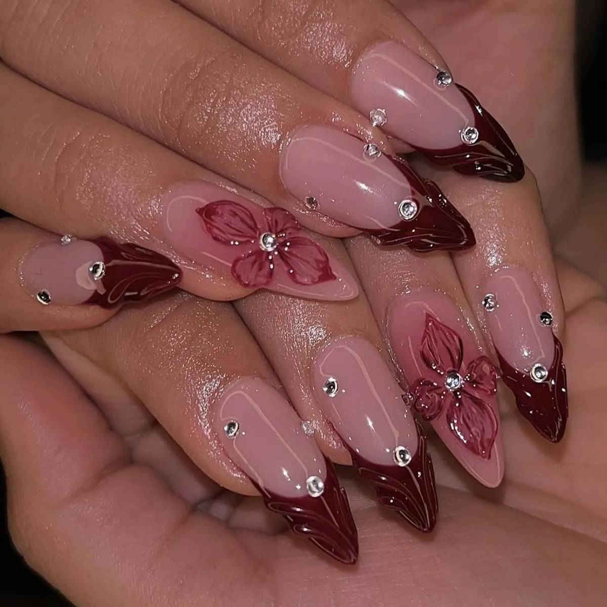 24Pcs Medium Almond Press on Nails yefiuo Flower Acrylic Fake Nails Press ons Nail Tips Kit 3D Texture Wine Red French Rhinestones Floral False Nails Artificial Glue on Nails Stick on Nails for Women