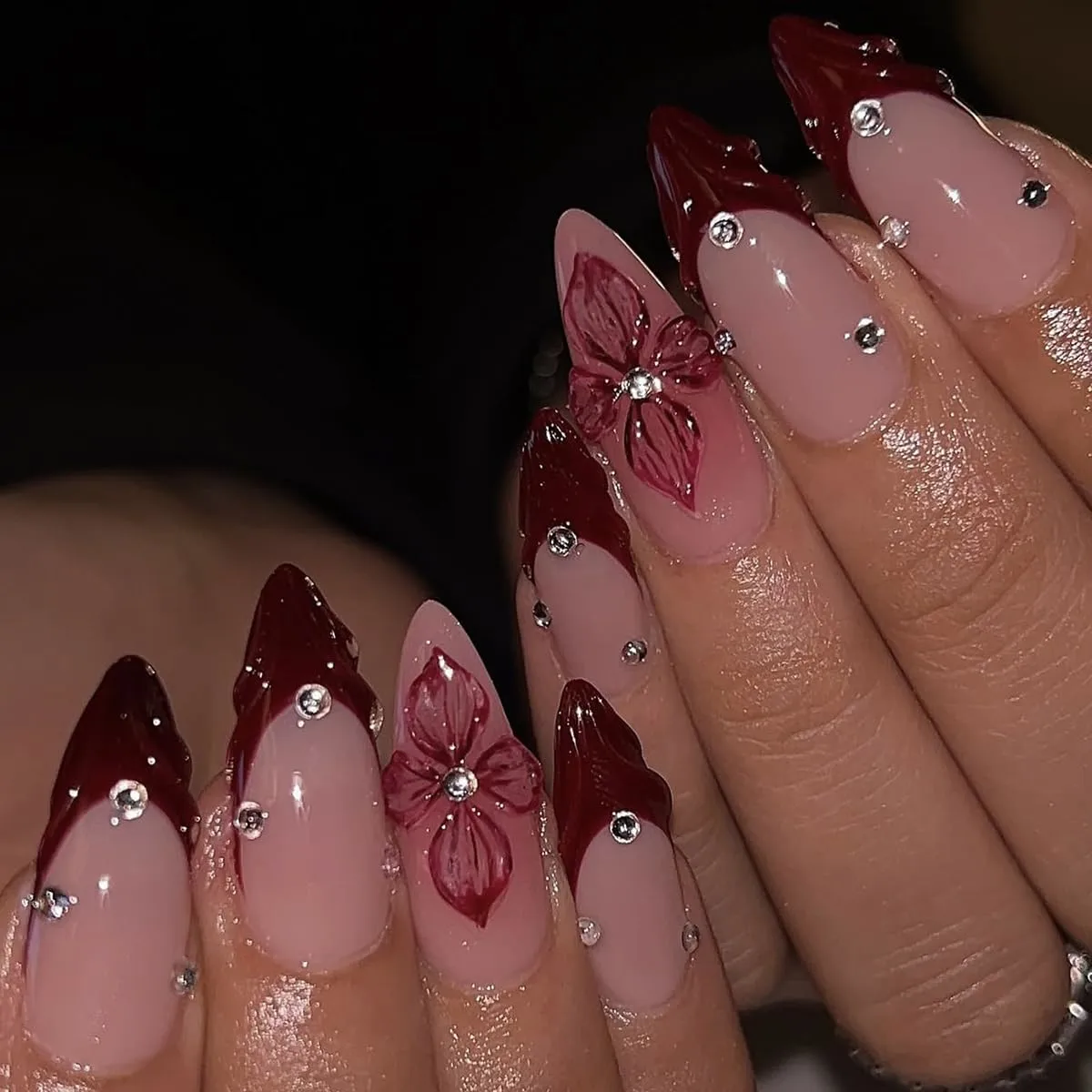 24Pcs Medium Almond Press on Nails yefiuo Flower Acrylic Fake Nails Press ons Nail Tips Kit 3D Texture Wine Red French Rhinestones Floral False Nails Artificial Glue on Nails Stick on Nails for Women