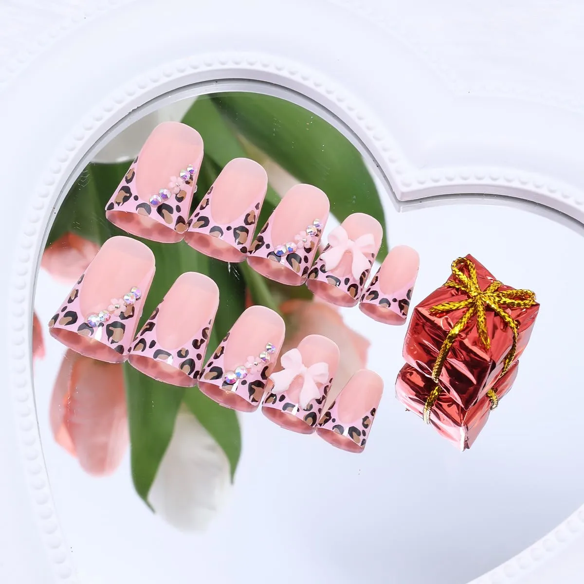 24Pcs Pink Duck Press on Nails Short Square Fake Nails Leopard Print French Tip False Nails with 3D Bow Flower Rhinestones Design Glossy Artificial Stick on Nail Full Cover Glue on Nails for Women DIY