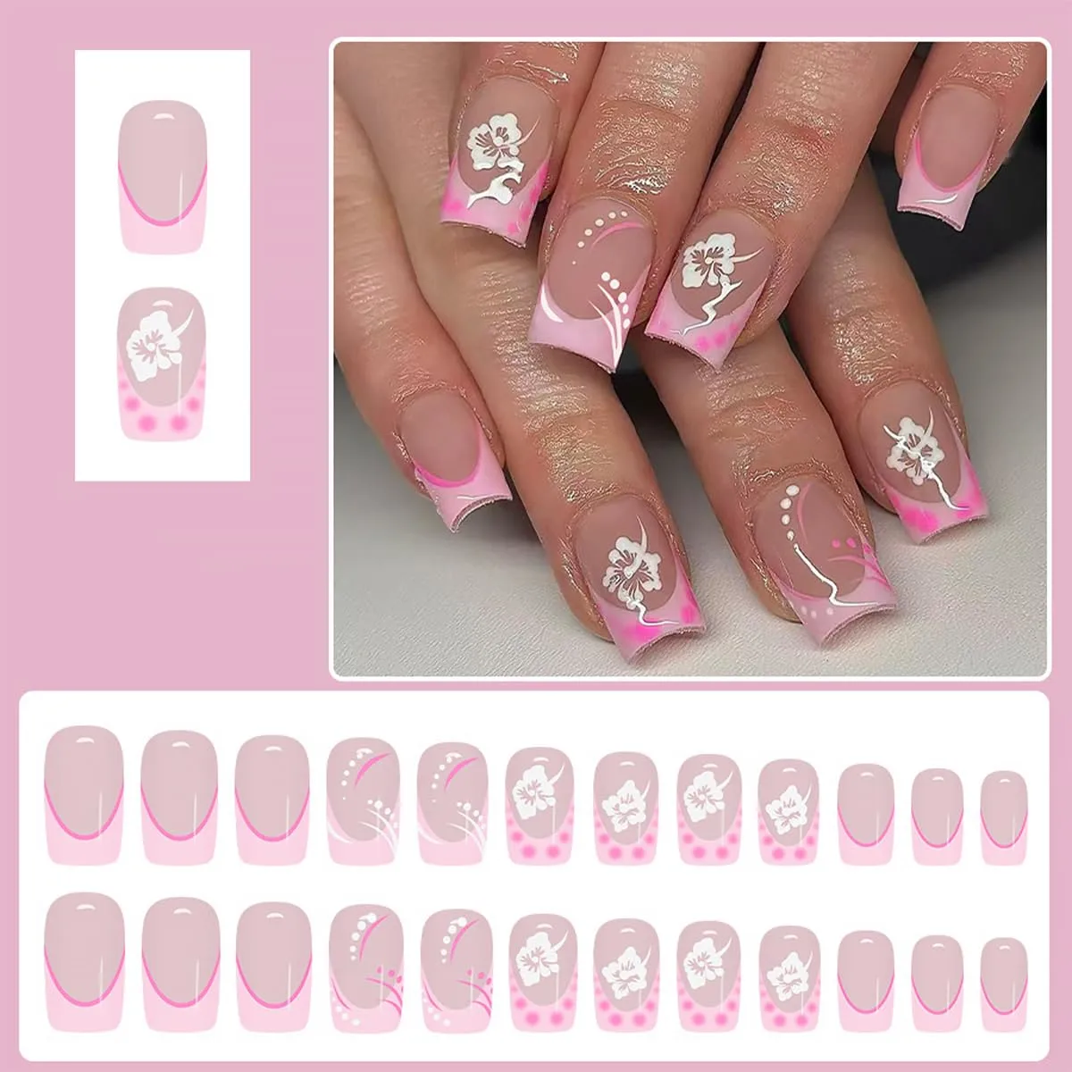 24Pcs Flower Press on Nails Short Square Fake Nails with Pink French Tip Design False Nails Spring Flowers Artificial Stick on Nails Glossy Full Cover Glue on Nails for Women Manicure Decorations
