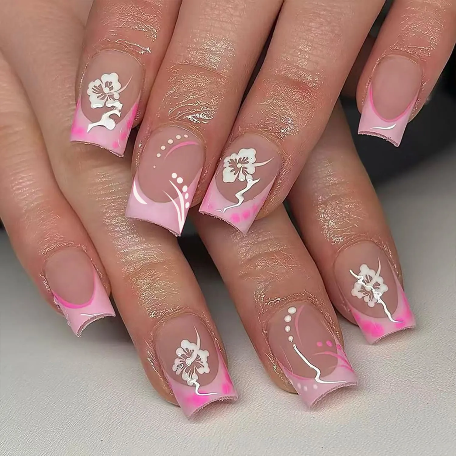 24Pcs Flower Press on Nails Short Square Fake Nails with Pink French Tip Design False Nails Spring Flowers Artificial Stick on Nails Glossy Full Cover Glue on Nails for Women Manicure Decorations