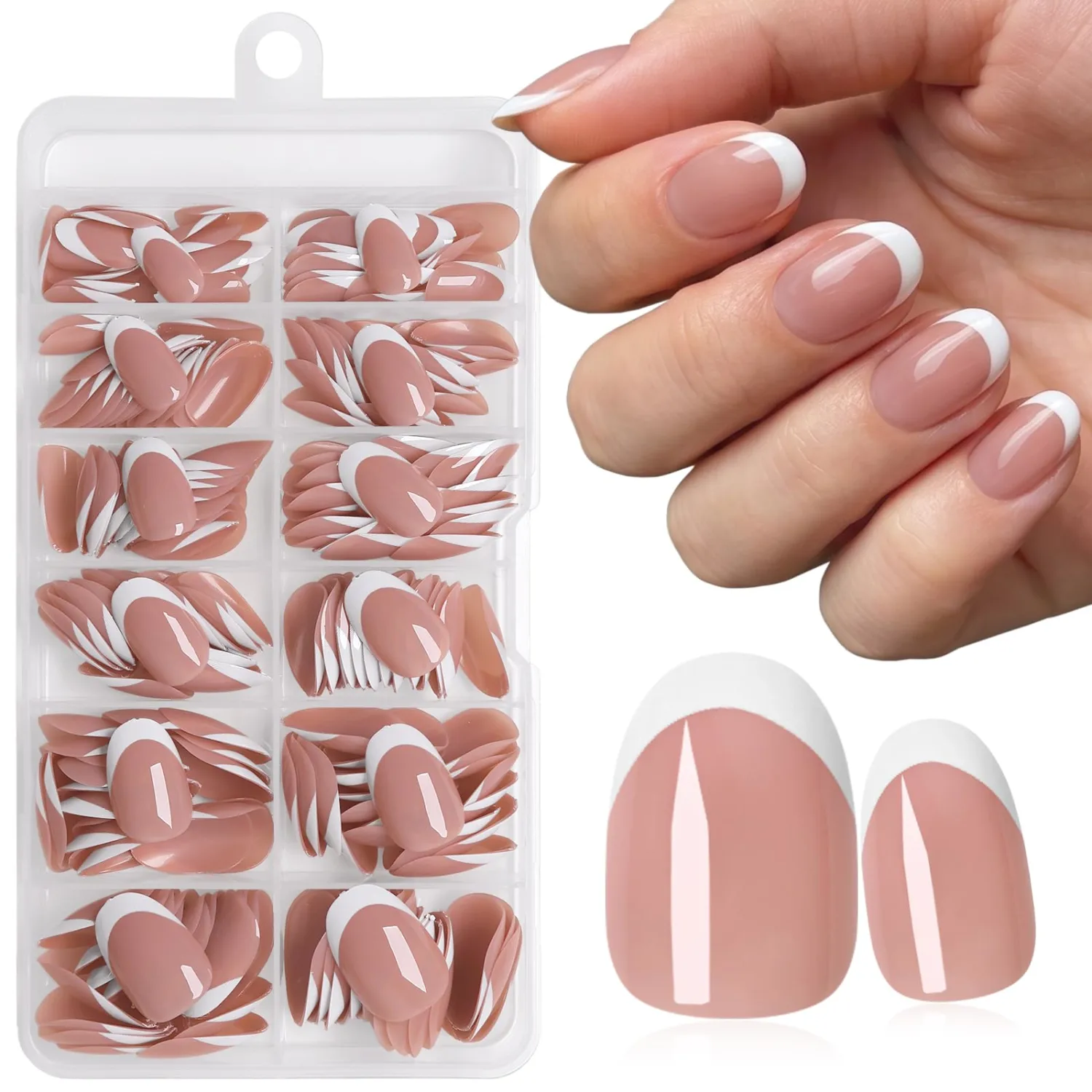240pc White French Tip Press on Nails Short Oval Acrylic Nail, Coffee Press ons Fake Nails with Glue & Tabs, 12 Sizes Glue on Nails Short Press-on Nail Oval Artificial Stick on Nail for Women