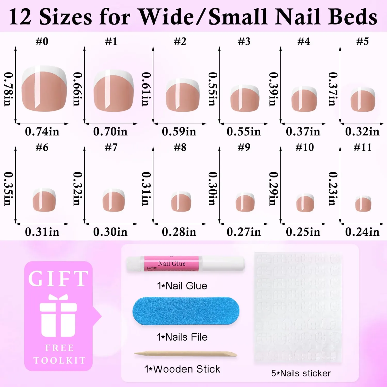 240pc White French Tip Press on Toenails Short Square False Toenail, Coffee Fake Toe Nail Kit with Glue, 12 Sizes Acrylic Glue on Nails Toes Square French Tip Press-on Toe Nails for Women Girls