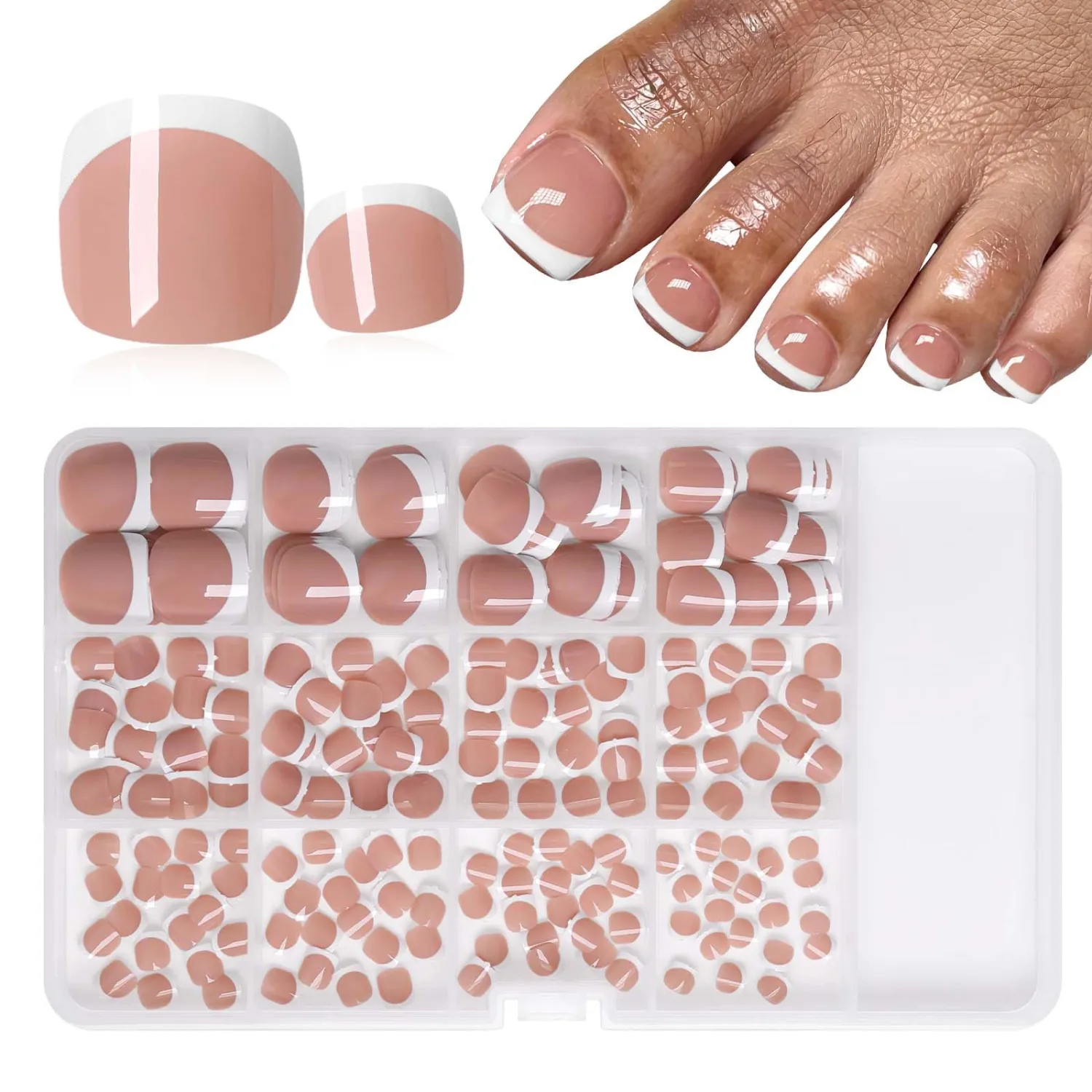 240pc White French Tip Press on Toenails Short Square False Toenail, Coffee Fake Toe Nail Kit with Glue, 12 Sizes Acrylic Glue on Nails Toes Square French Tip Press-on Toe Nails for Women Girls
