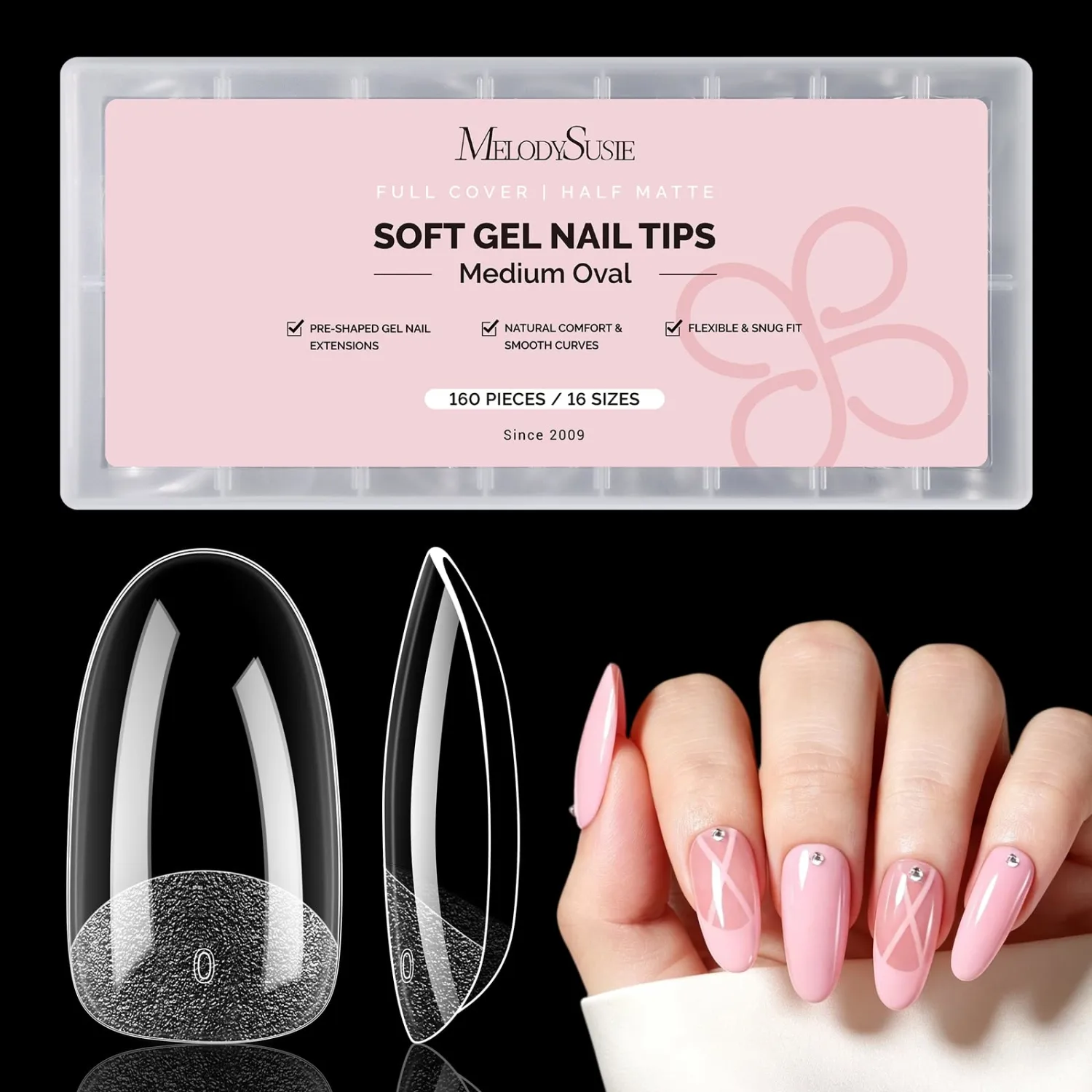 MelodySusie Medium Oval Round X Nail Tips - 16 Sizes 160 Pcs