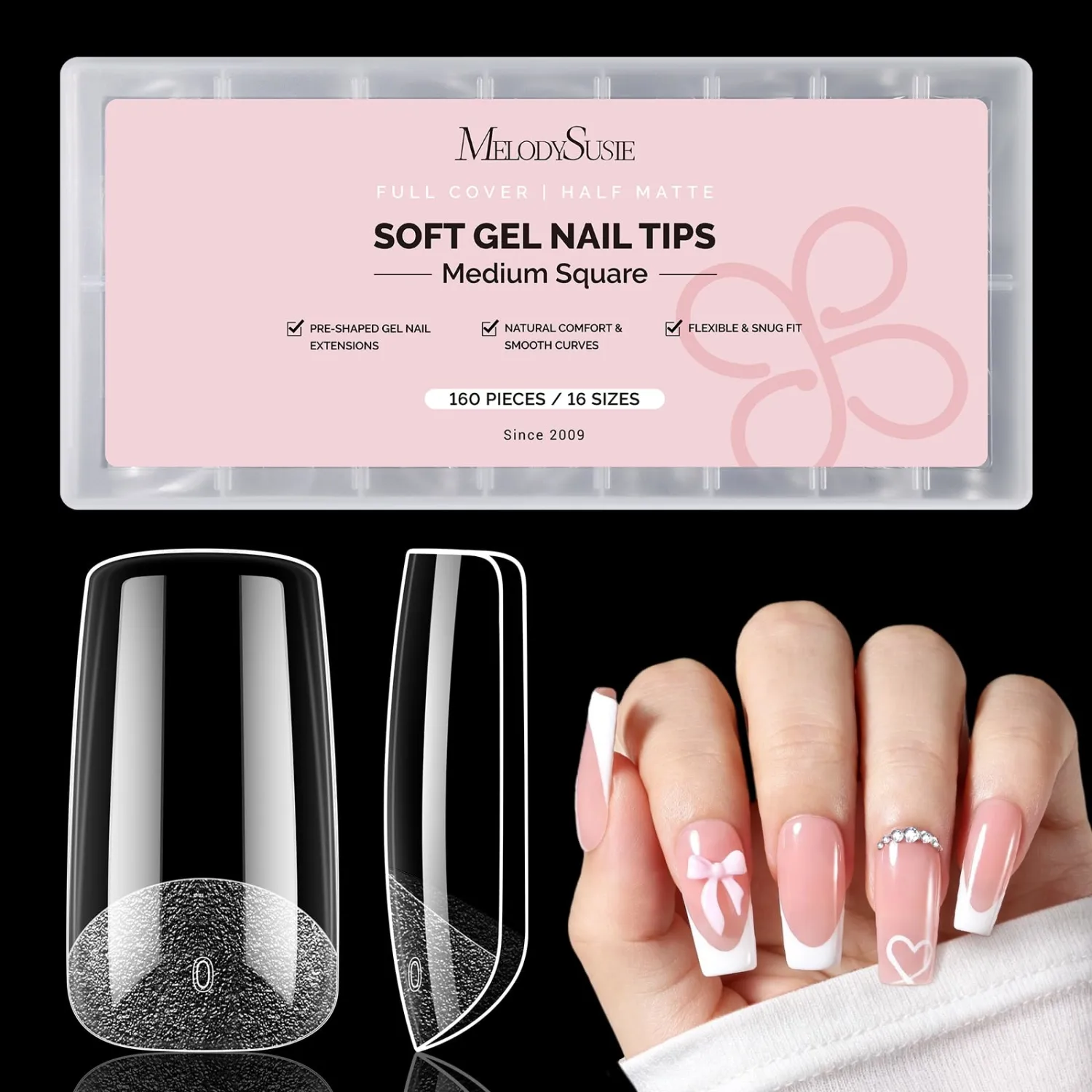 MelodySusie Medium Square X Nail Tips - 16 Sizes 160 Pcs