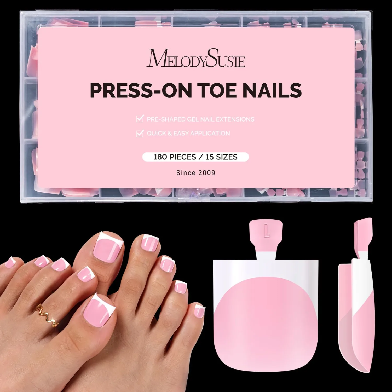 MelodySusie French Tips Square Press On Toenails,15 Sizes 180Pcs