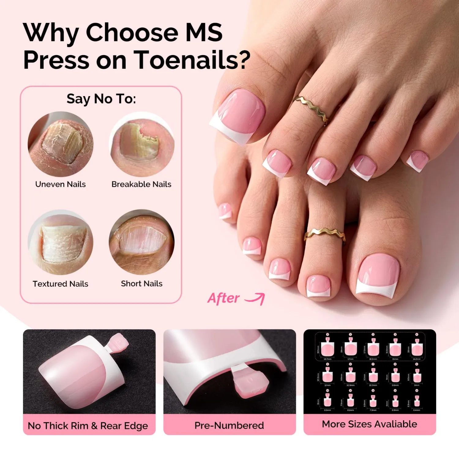 MelodySusie French Tips Square Press On Toenails,15 Sizes 180Pcs