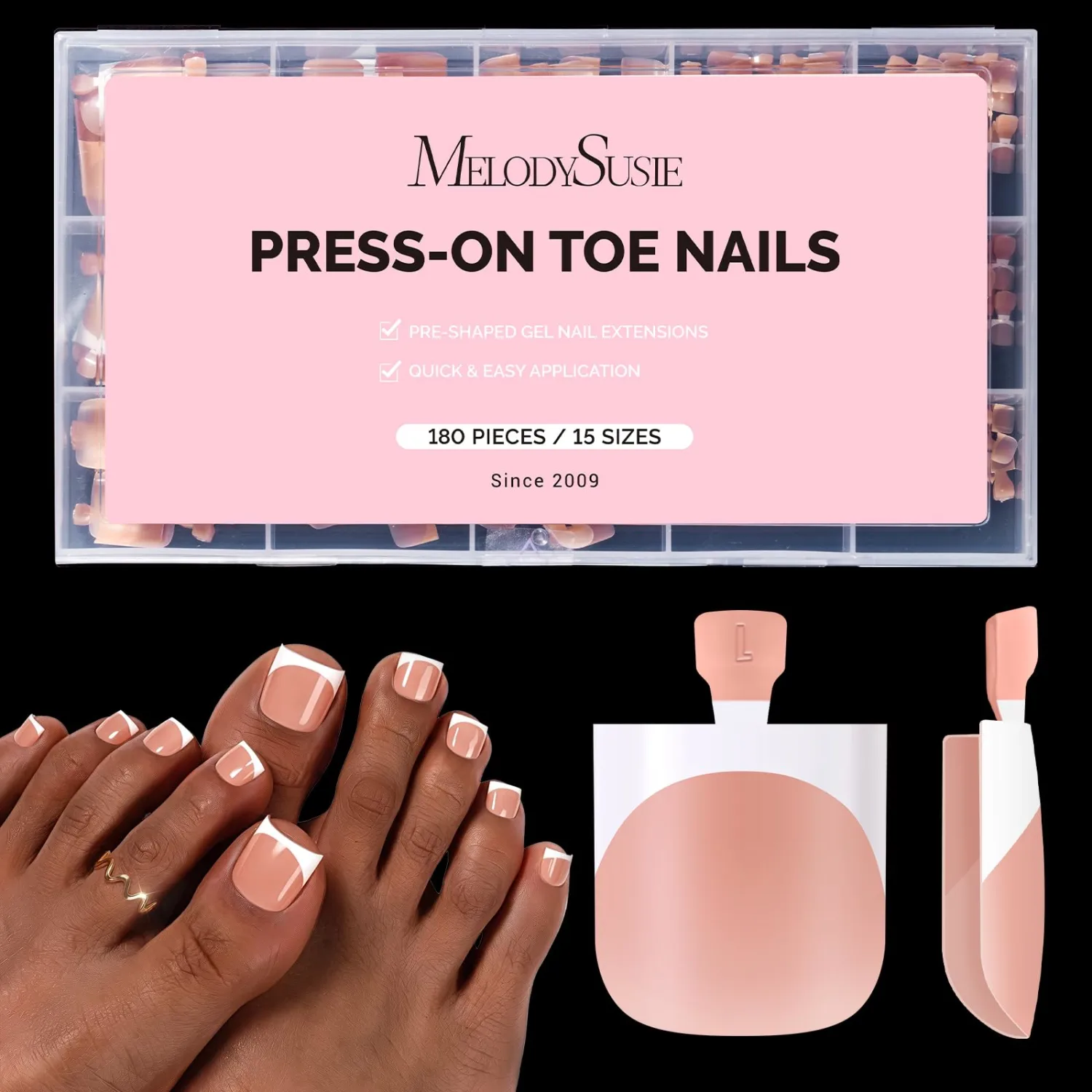 MelodySusie French Tips Square Press On Toenails,15 Sizes 180Pcs