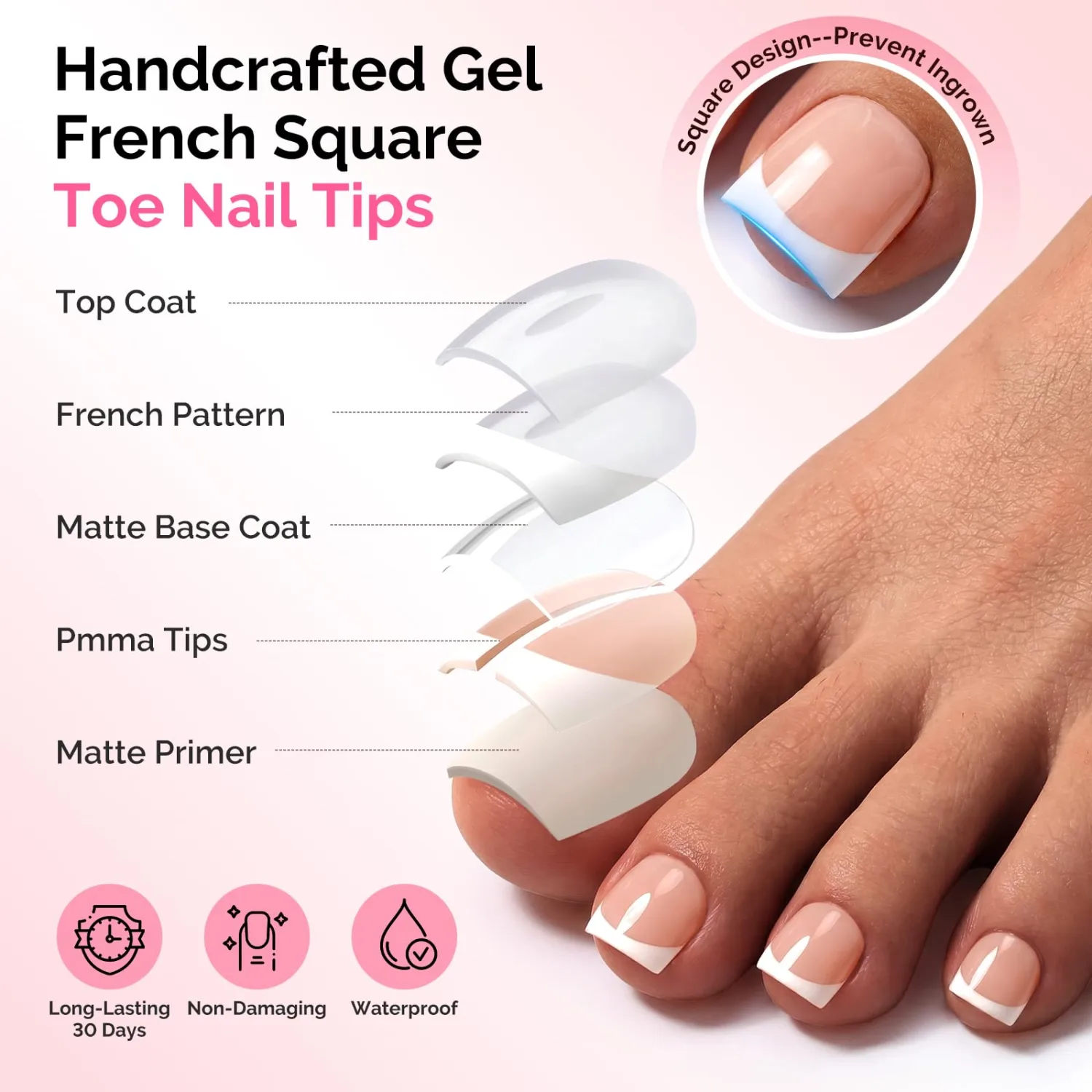 MelodySusie French Tips Square Press On Toenails,15 Sizes 180Pcs