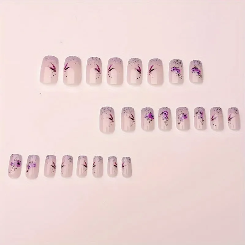 24Pcs Short Square Fake Nails Purple Flower Press on Nails Glitter Designs Spring Nails Glue on Purple French Tip False Nail Full Cover Gradient Stick on Nail for Women Manicure Kit