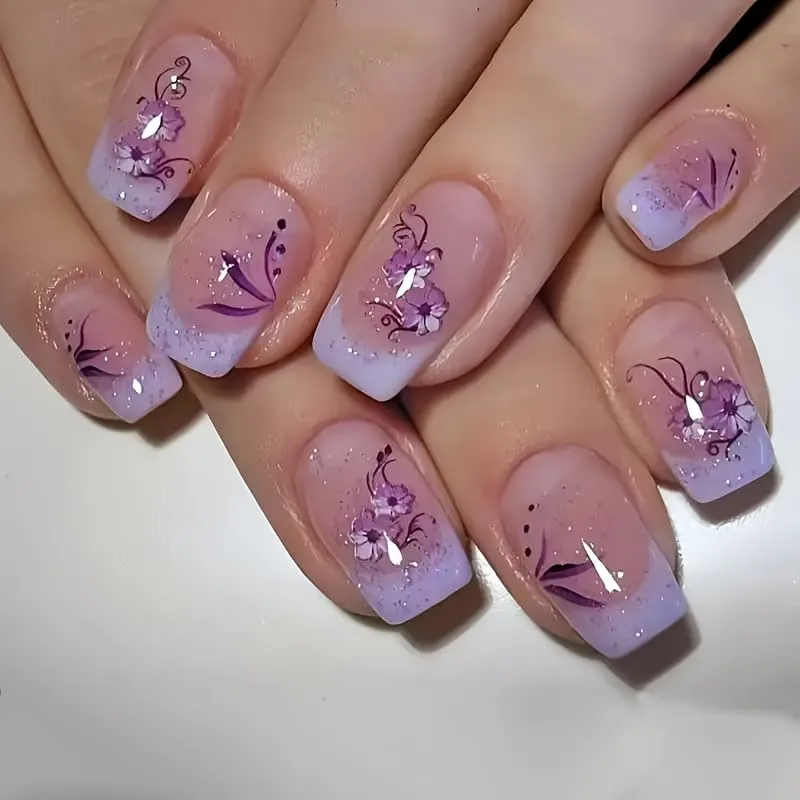 24Pcs Short Square Fake Nails Purple Flower Press on Nails Glitter Designs Spring Nails Glue on Purple French Tip False Nail Full Cover Gradient Stick on Nail for Women Manicure Kit