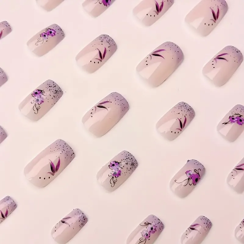 24Pcs Short Square Fake Nails Purple Flower Press on Nails Glitter Designs Spring Nails Glue on Purple French Tip False Nail Full Cover Gradient Stick on Nail for Women Manicure Kit