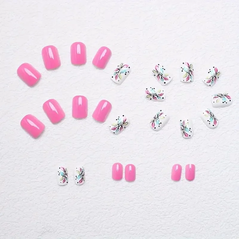 24Pcs Flower Press on Nails Short Square Fake Nails with Designs Cute False Nails Full Cover Glossy Stick on Nails Summer Pink Acrylic Glue on Nail for Women Daily Wear