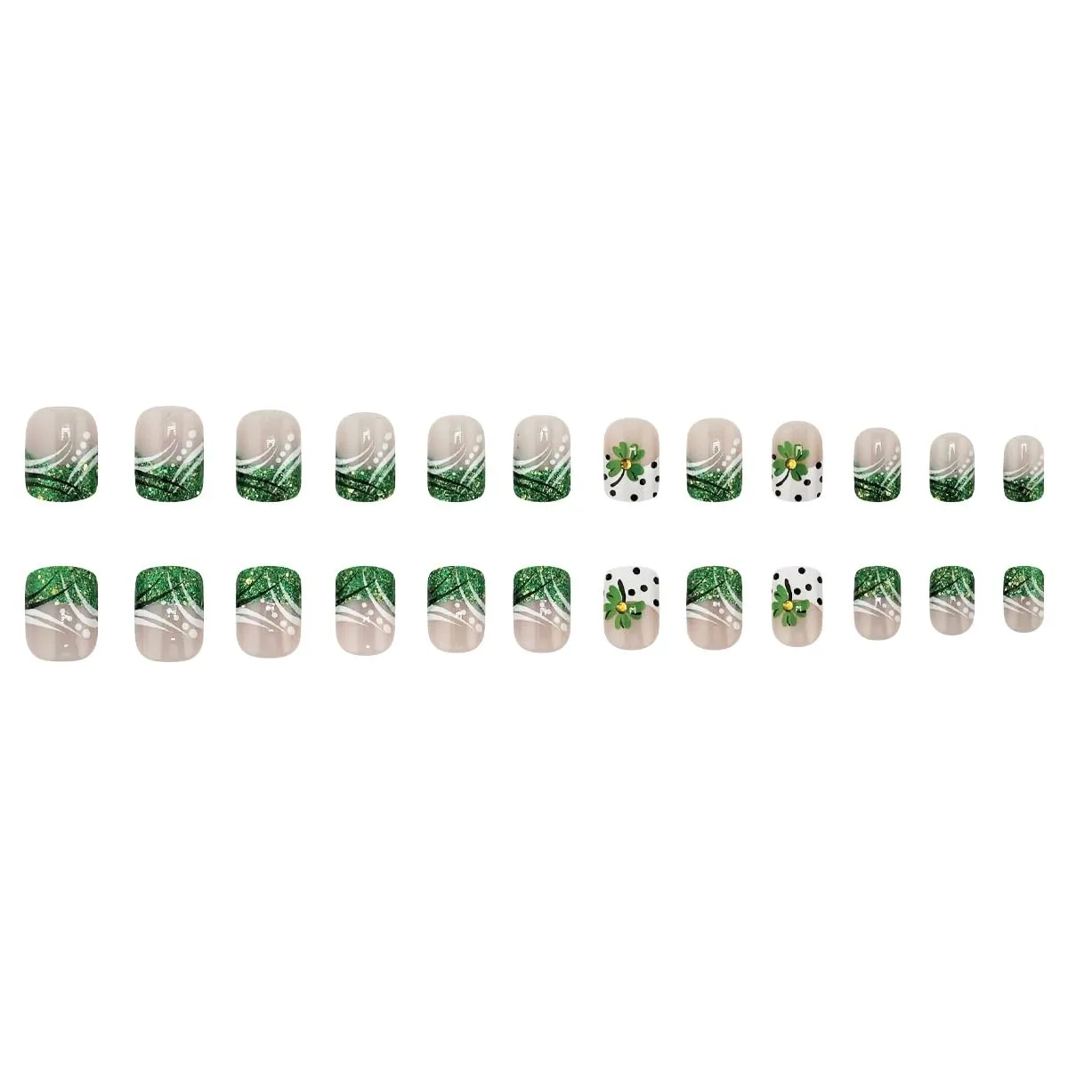 24Pcs Green Glitter French Tip Press on Nails Short Square Fake Nails Clover St. Patrick's False Nails for Women Spot Nude Pink Artificial Nails Full Cover Stick on Nails Glue on Nails