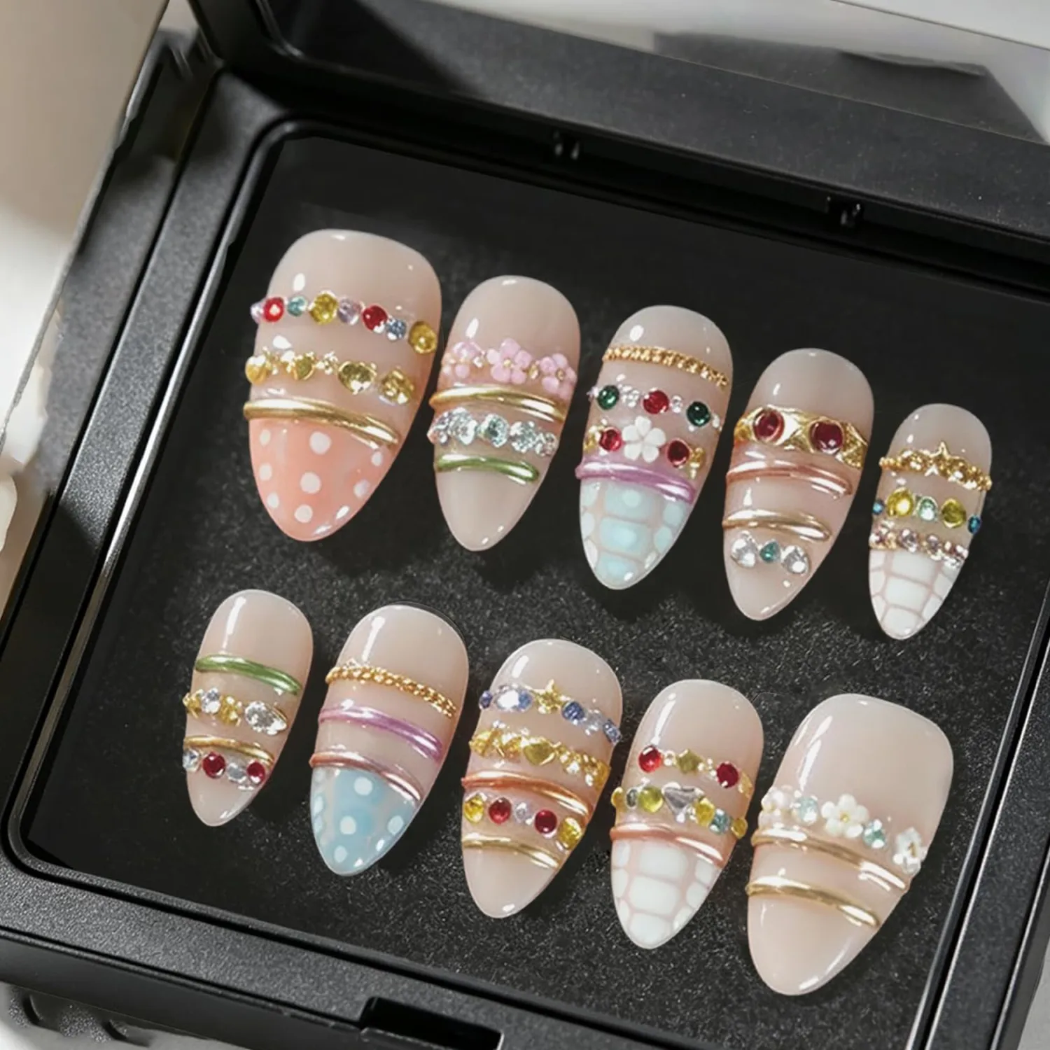 MAGLFELL Press On Nails- Handmade Almond Candy-Colored French Tip Fake Nails with Colorful Polka Dots&Chains, 10 Pcs Reusable Acrylic False Nails for Women, S