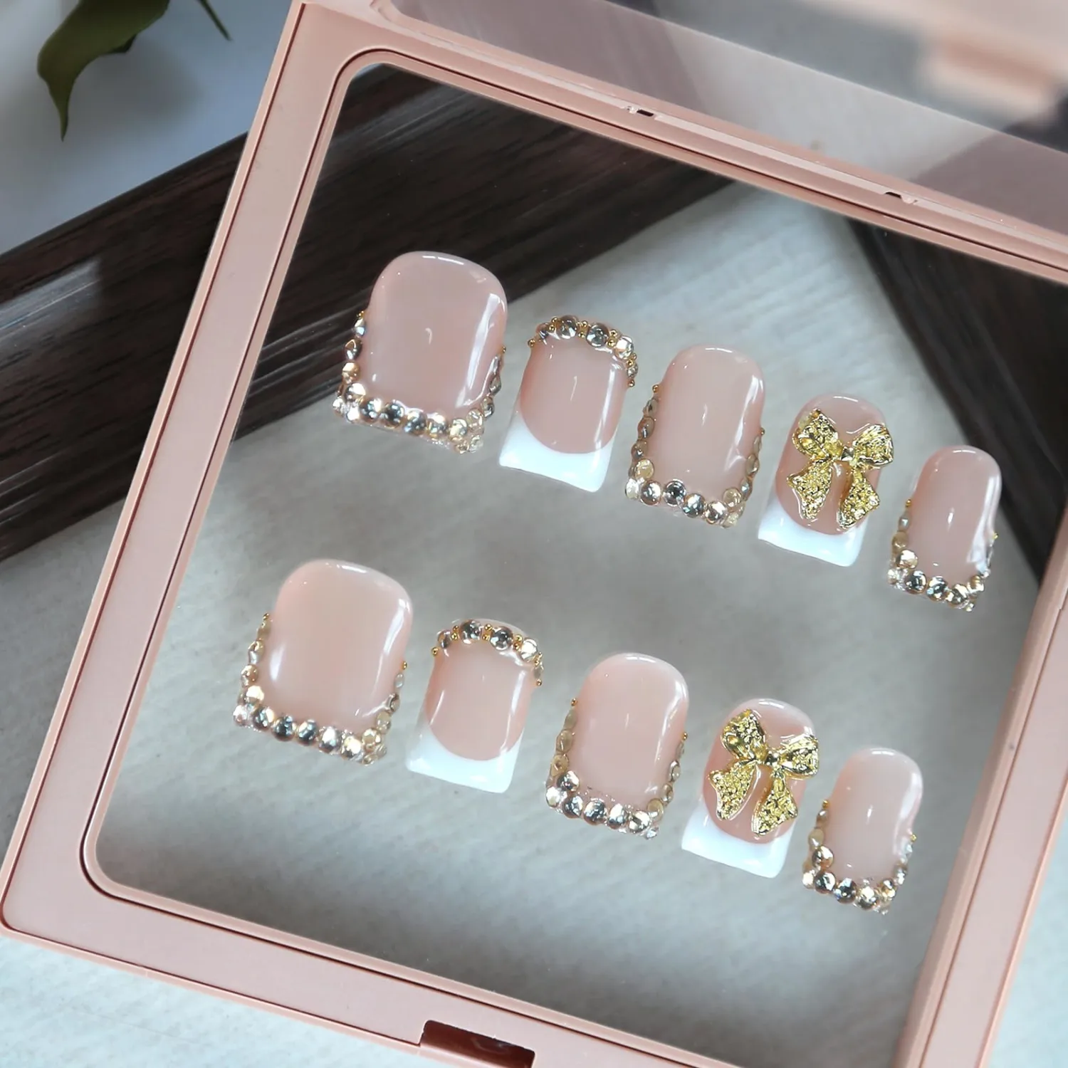 MAGLFELL Press On Nails- Handmade Square French Tip Fake Nails with Golden Bow&Golden Diamonds, 10 Pcs Reusable Acrylic Press ons for Women, S