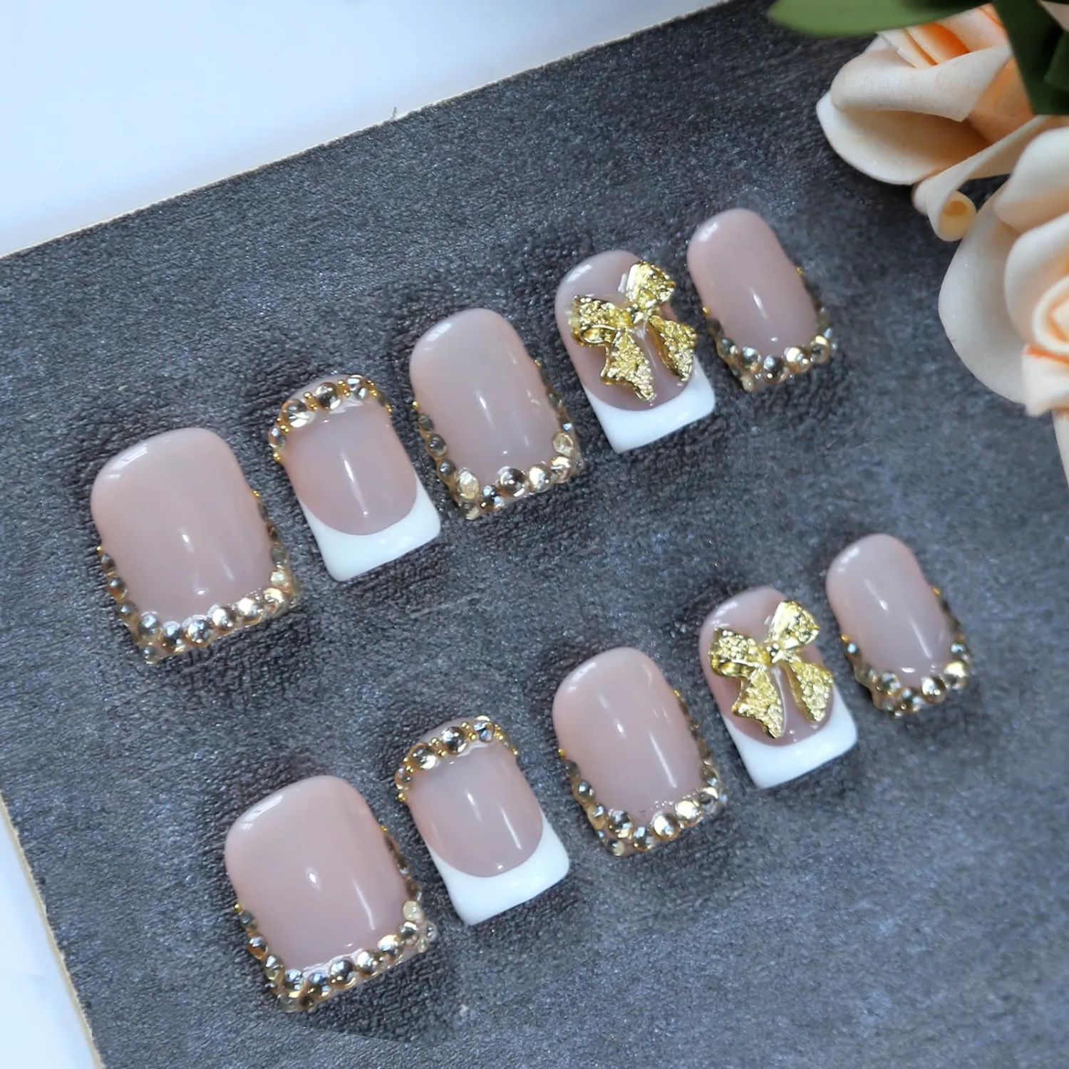 MAGLFELL Press On Nails- Handmade Square French Tip Fake Nails with Golden Bow&Golden Diamonds, 10 Pcs Reusable Acrylic Press ons for Women, S
