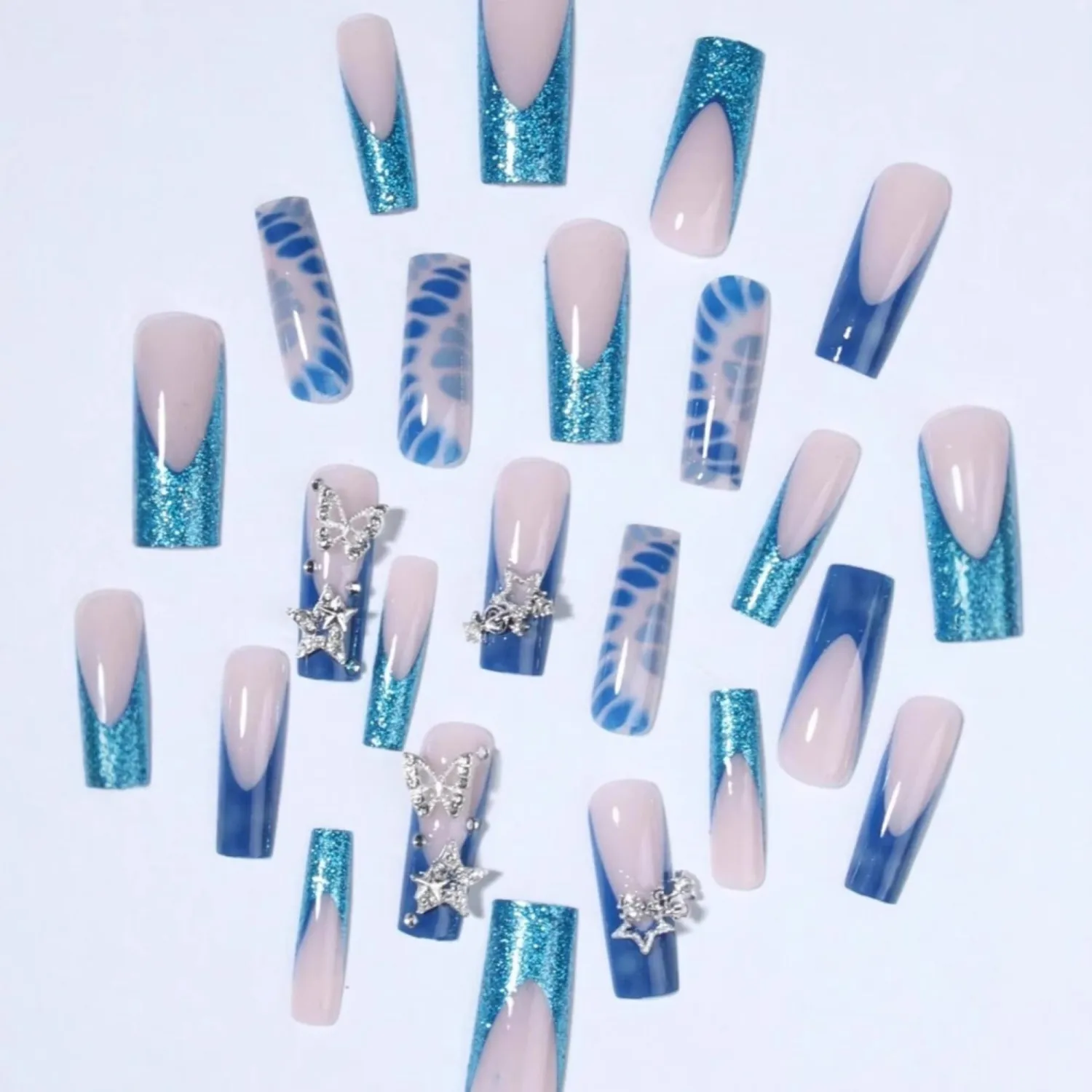 Long Square Octoswave Press on Nails Blue Glitter Fake Nail 24 Pcs