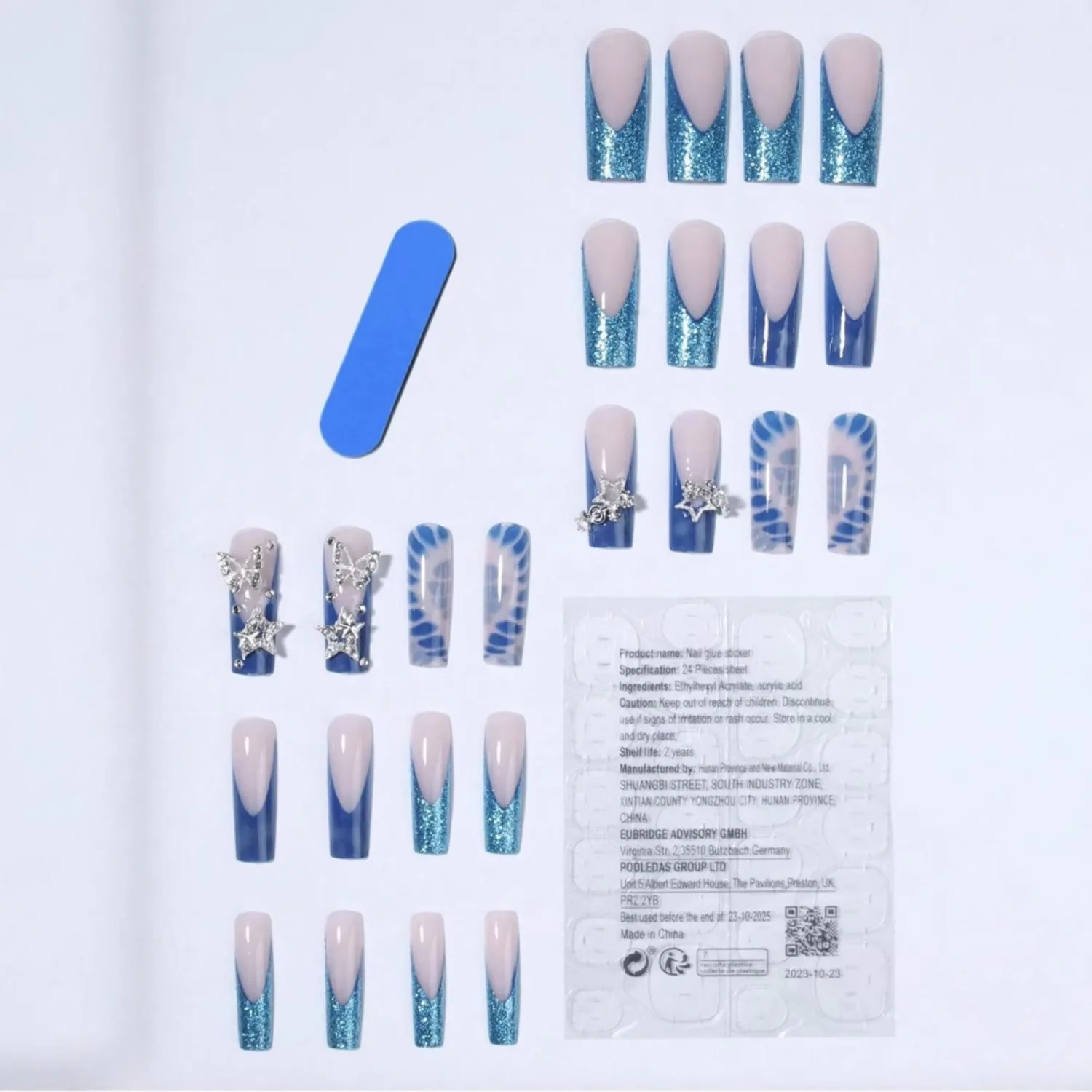 Long Square Octoswave Press on Nails Blue Glitter Fake Nail 24 Pcs
