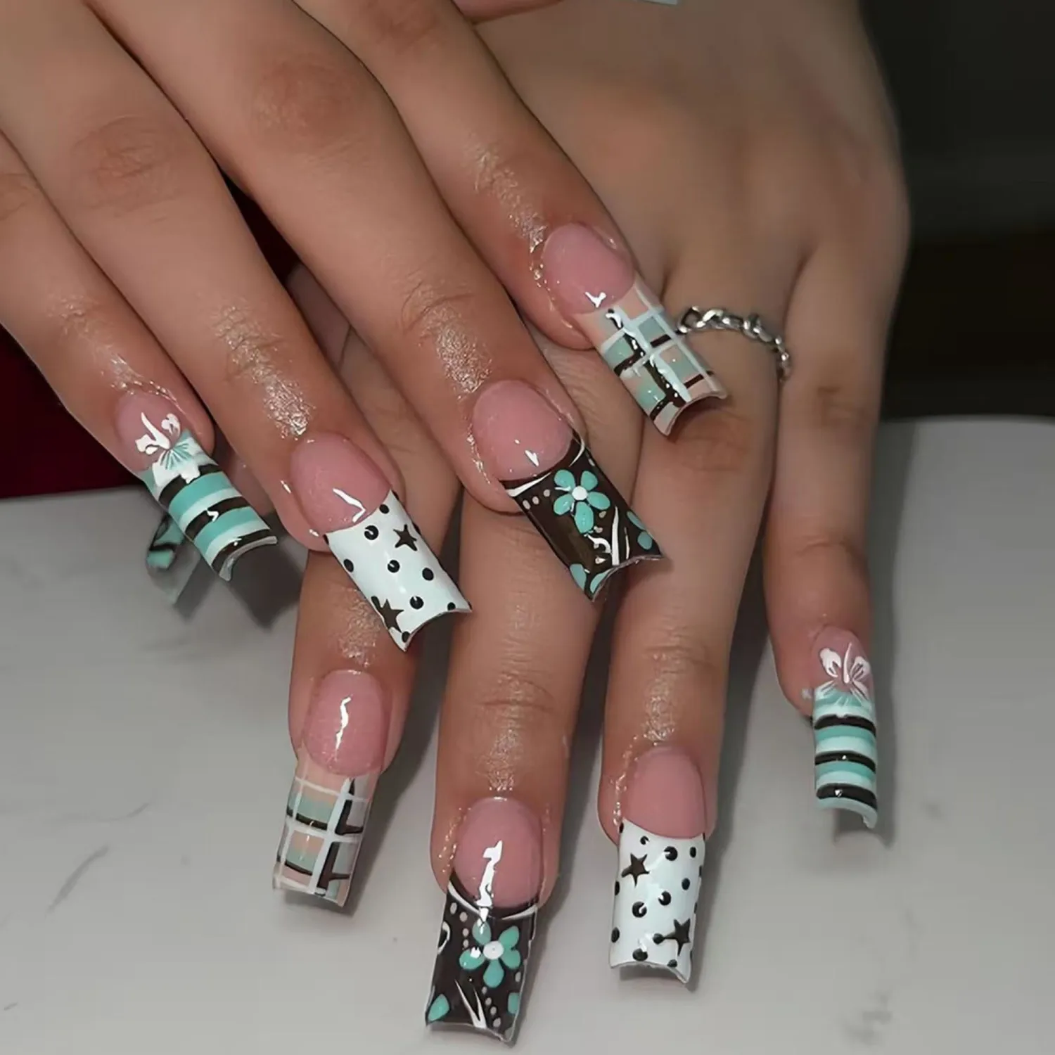 Long Square Press on Nails Glossy Acrylic Fake Nail for Women