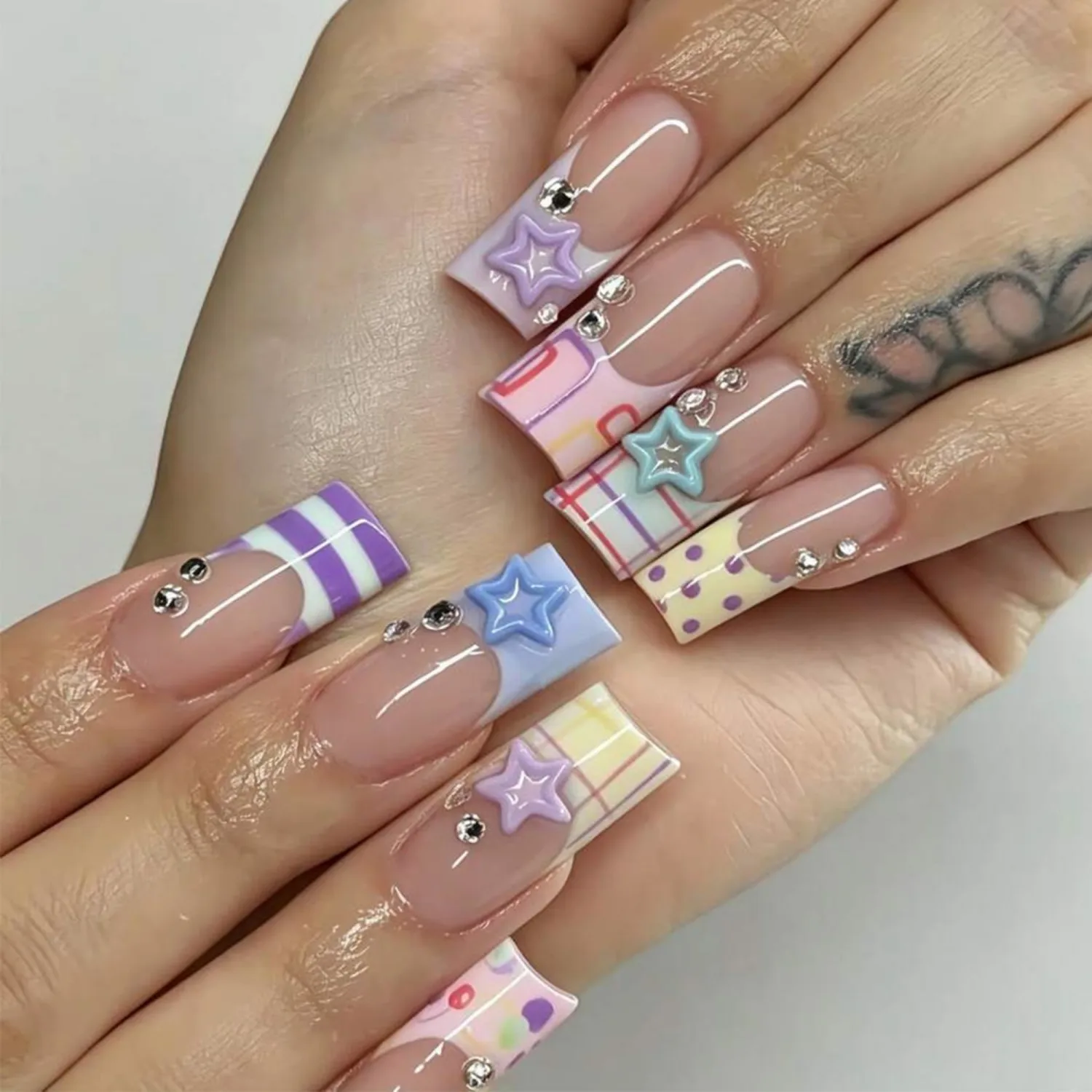 Long Square Octoswave Press on Nails Y2K Sweet Cool Fake Nail 24 Pcs