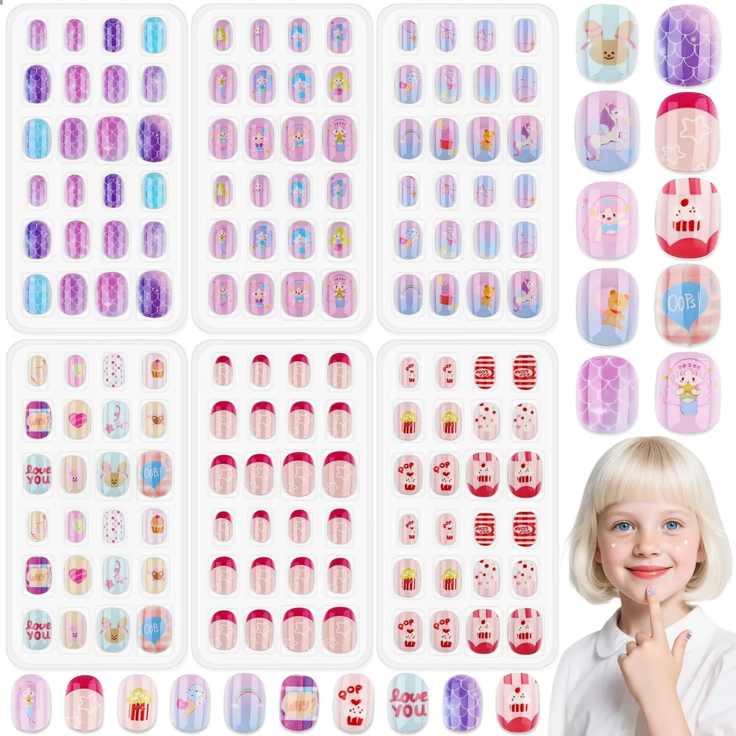 144 Pcs Press on Nails for Girls, Stick On Nails for Kids Short Acrylic Fake Nails Cute Nails Art Stuff for Little Girl 8-10