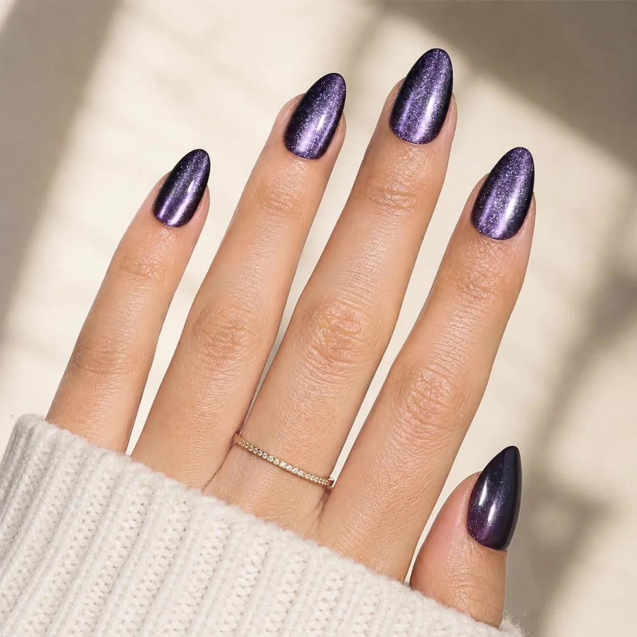 Purple Cat Eye Press On Nails Short Almond - Violet Shimmer Fake Nails Press ons, Reusable Glue On Nails for Women, 16 Sizes 32 Pieces Nail Kit with Glue, Velvet Violet