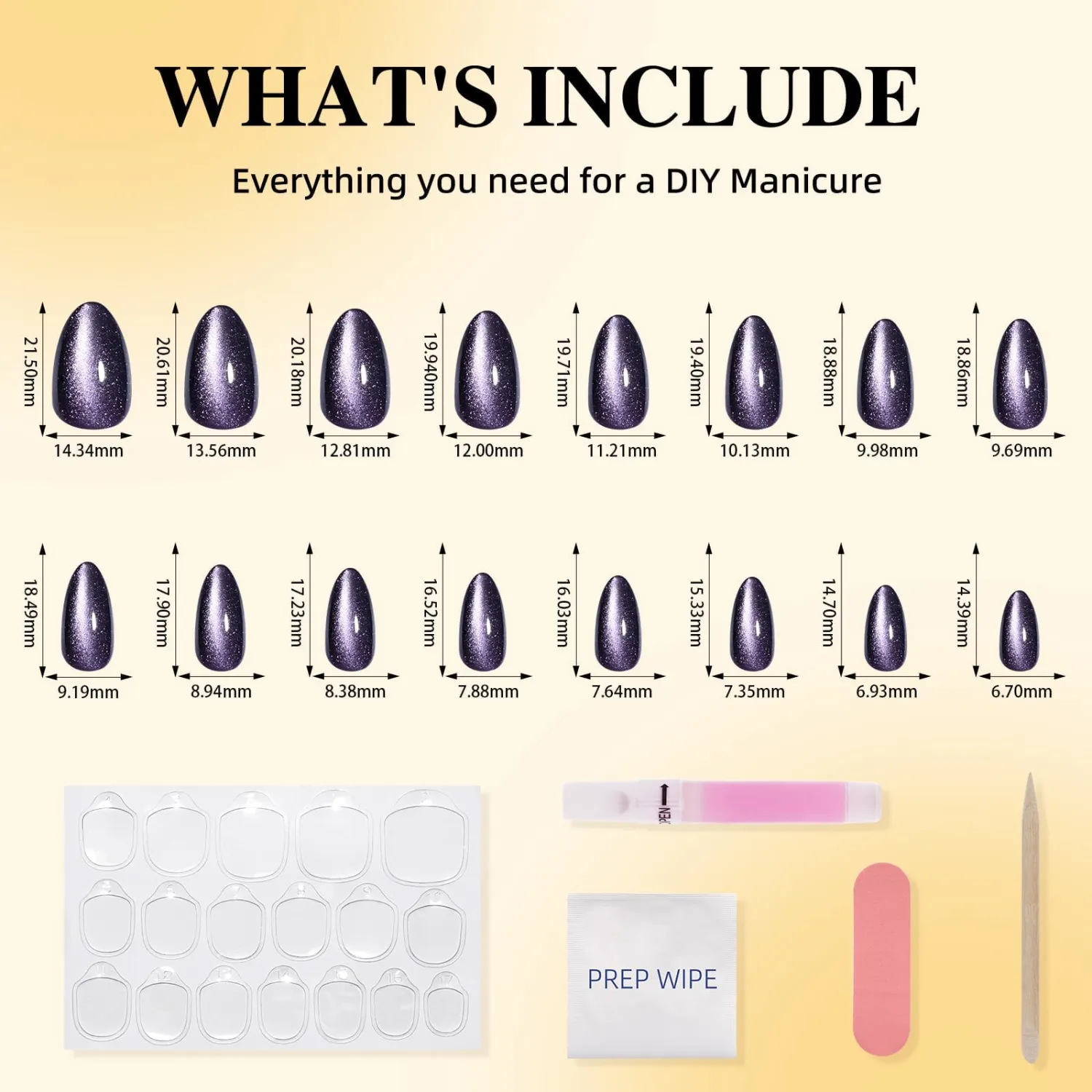 Purple Cat Eye Press On Nails Short Almond - Violet Shimmer Fake Nails Press ons, Reusable Glue On Nails for Women, 16 Sizes 32 Pieces Nail Kit with Glue, Velvet Violet