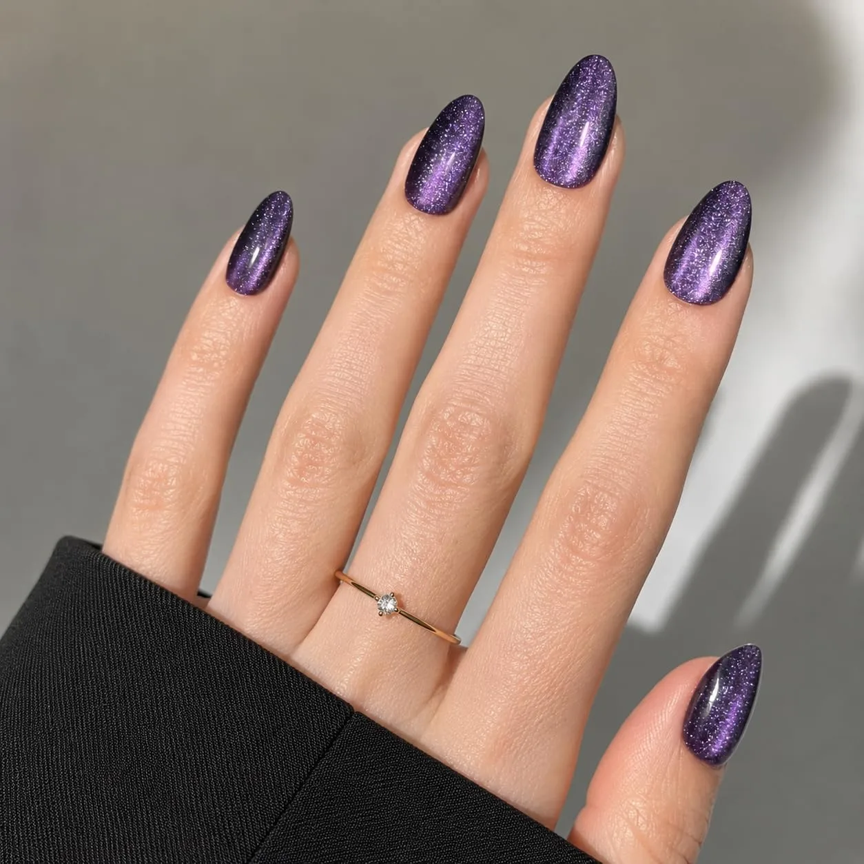 Purple Cat Eye Press On Nails Short Almond - Violet Shimmer Fake Nails Press ons, Reusable Glue On Nails for Women, 16 Sizes 32 Pieces Nail Kit with Glue, Velvet Violet