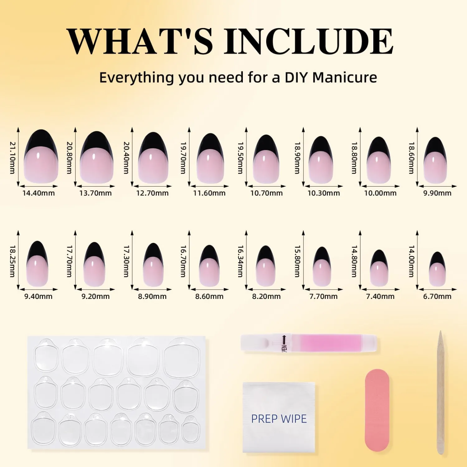 Black French Tip Press on Nails - Short Almond Black Tips Nails, Reusable Glossy Fake Nails Press ons for Women, 32 Pieces in 16 Sizes False Nails Kit with Glue, Blush Noir