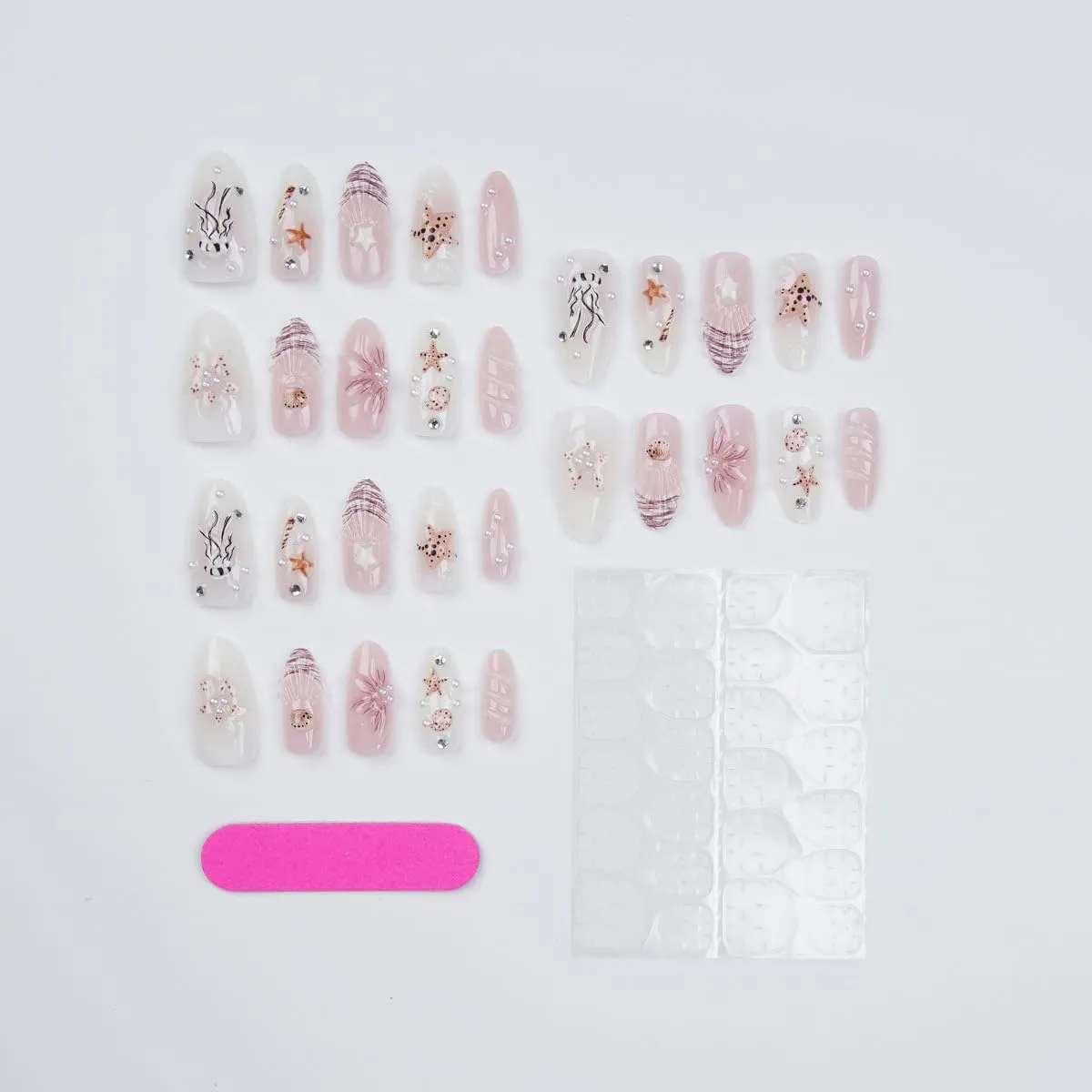 3D Ocean Press On Nails Medium Almond Fake Nails with Handmade Jellyfish Starfish Shell Design Pink Ombre Glossy Summer Beach Vacation False Nails for Women, 30Pcs Reusable Acrylic Nail Kit