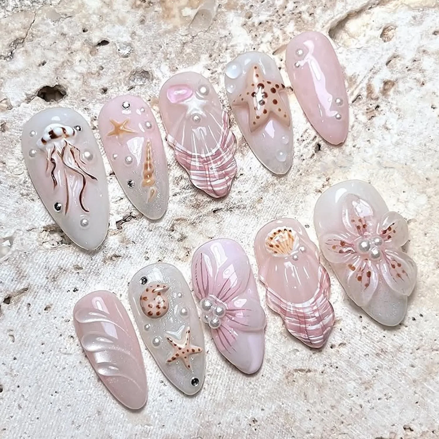 3D Ocean Press On Nails Medium Almond Fake Nails with Handmade Jellyfish Starfish Shell Design Pink Ombre Glossy Summer Beach Vacation False Nails for Women, 30Pcs Reusable Acrylic Nail Kit