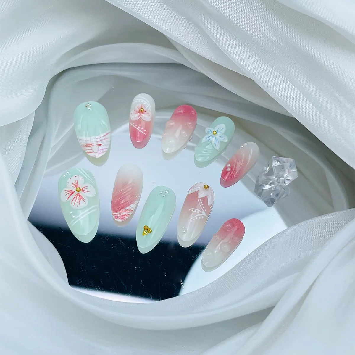 30Pcs 3D Embossed Flower Press On Nails Almond French Tip Fake Nails Glossy Pink Blue Gradient Cherry Blossom False Nails Cute Spring Summer Press Ons for Women Daily & Dating