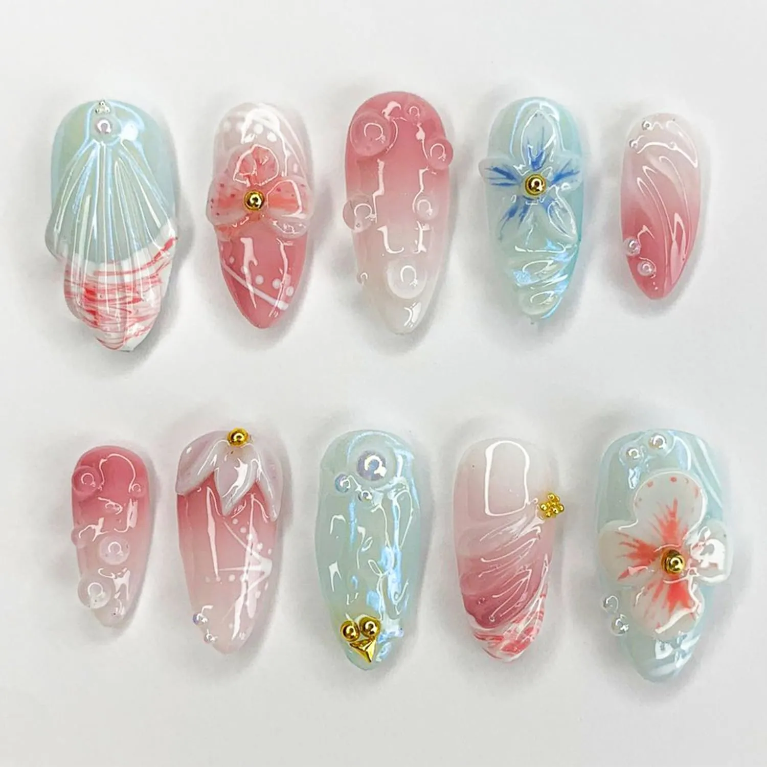 30Pcs 3D Embossed Flower Press On Nails Almond French Tip Fake Nails Glossy Pink Blue Gradient Cherry Blossom False Nails Cute Spring Summer Press Ons for Women Daily & Dating