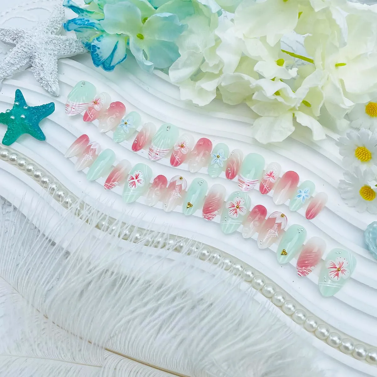 30Pcs 3D Embossed Flower Press On Nails Almond French Tip Fake Nails Glossy Pink Blue Gradient Cherry Blossom False Nails Cute Spring Summer Press Ons for Women Daily & Dating