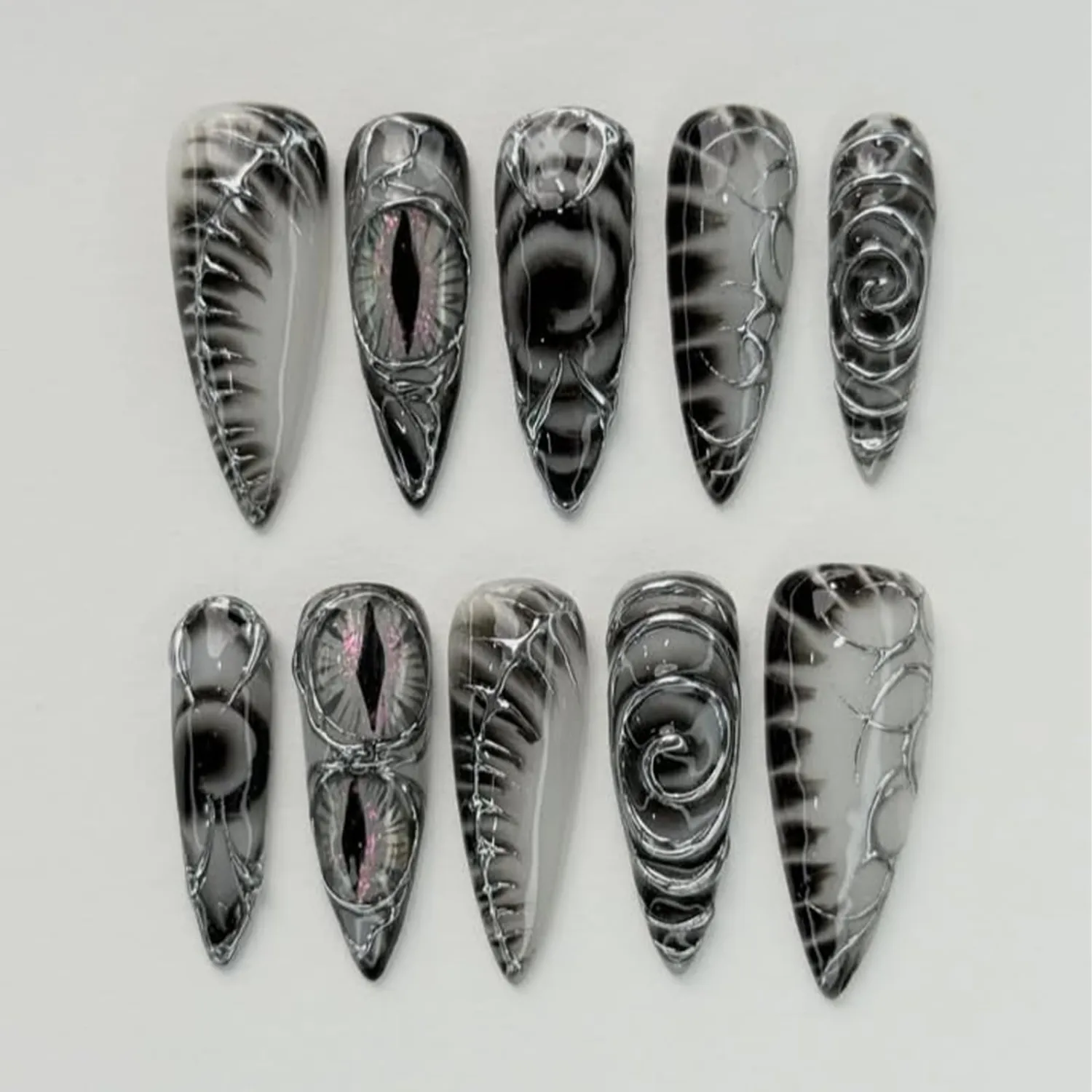Halloween Press On Nails Long Stiletto Black Goth Eyeball Fake Nails 24Pcs