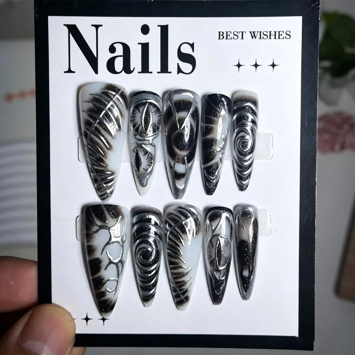 Halloween Press On Nails Long Stiletto Black Goth Eyeball Fake Nails 24Pcs