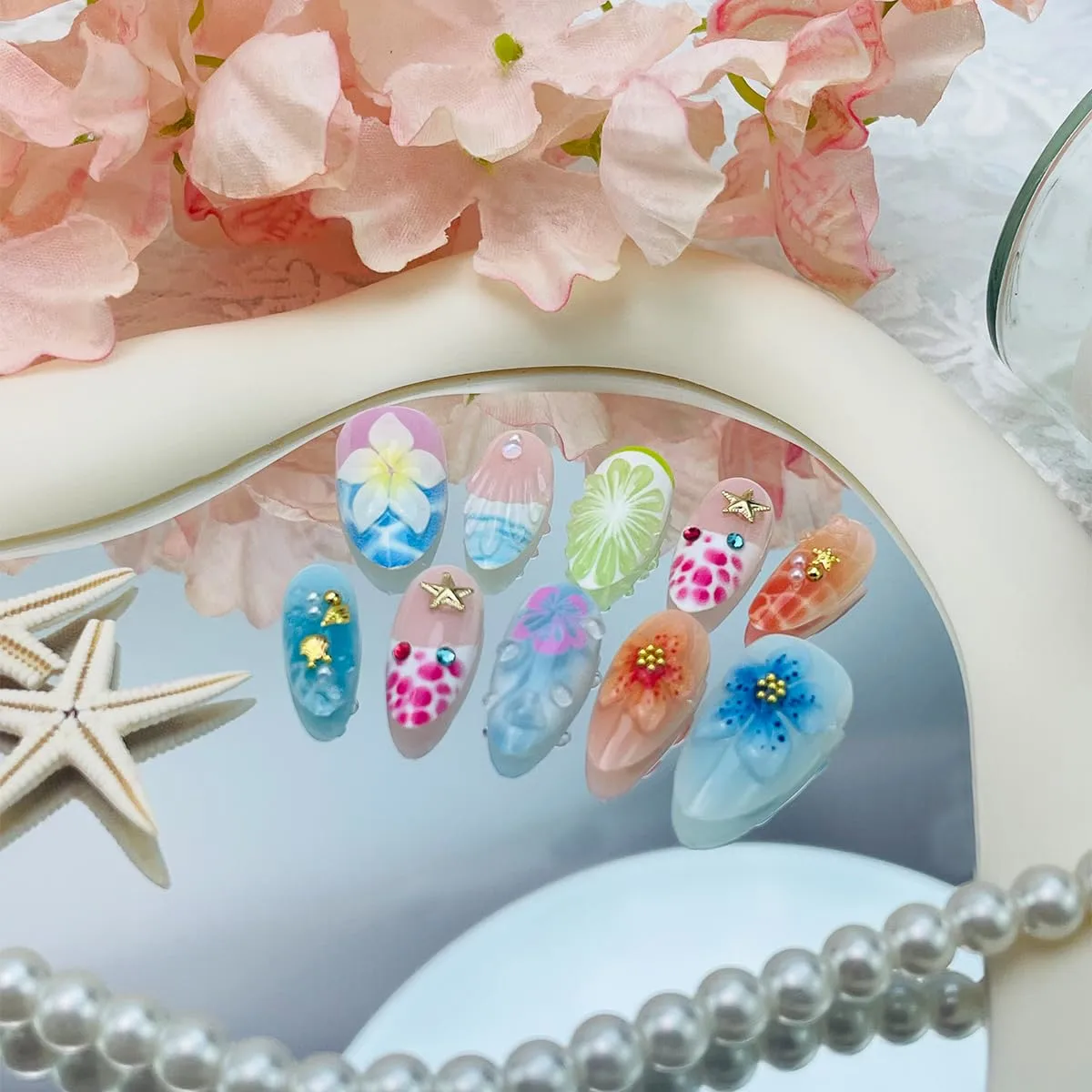 30Pcs Summer Beach Press On Nails Medium Almond Fake Nails with 3D Flowers, Starfish & Shell Charms Cute Ocean False Nails Reusable French Tip Acrylic Nails for Women Vacation Daily Wear