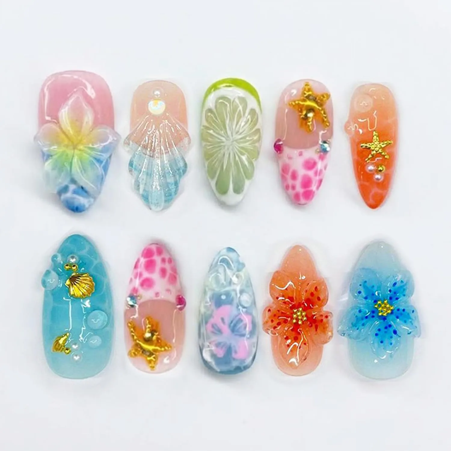 30Pcs Summer Beach Press On Nails Medium Almond Fake Nails with 3D Flowers, Starfish & Shell Charms Cute Ocean False Nails Reusable French Tip Acrylic Nails for Women Vacation Daily Wear